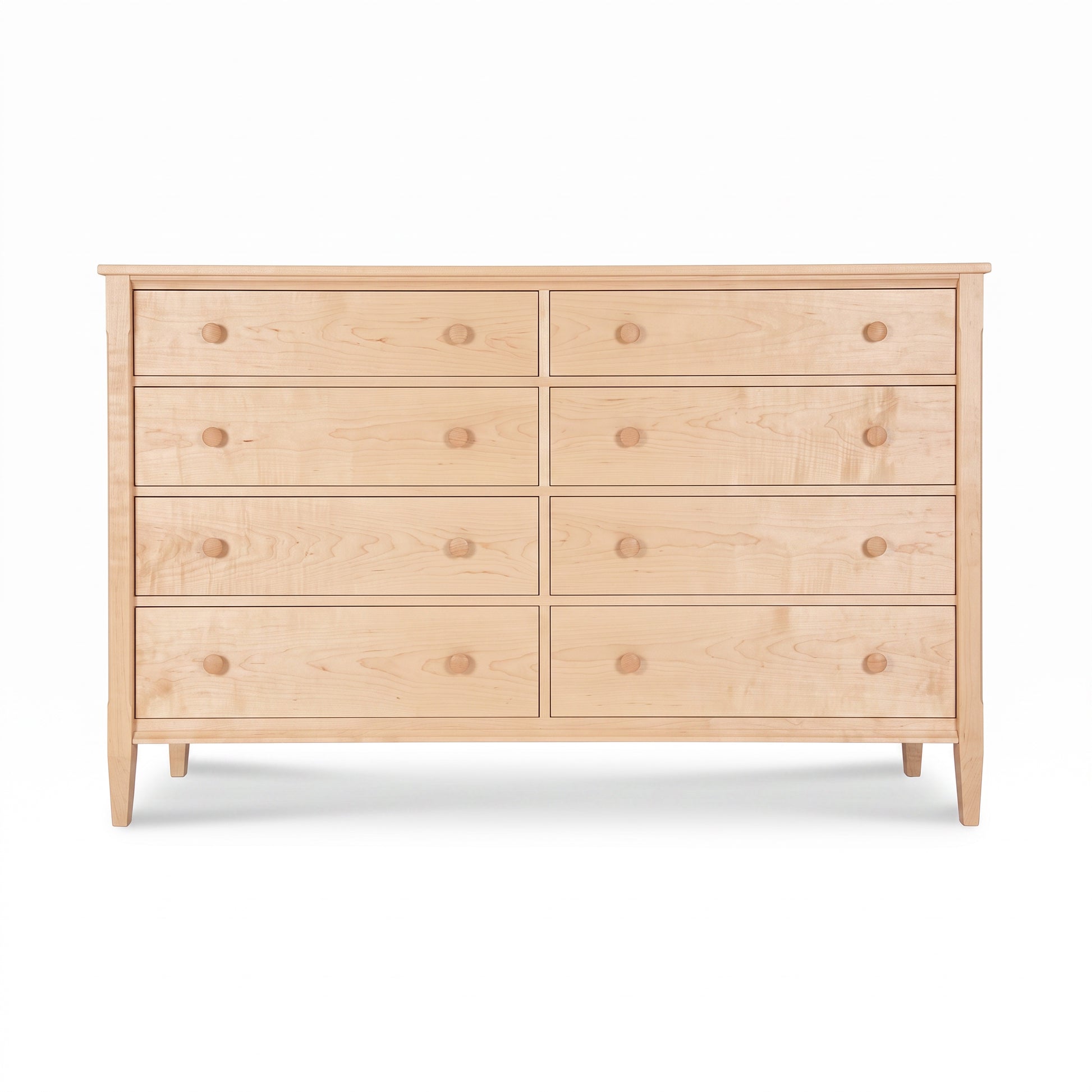 Vermont Shaker 8-Drawer Dresser by Maple Corner Woodworks in solid maple wood, featuring round knobs and tapered legs, expertly crafted in the USA.