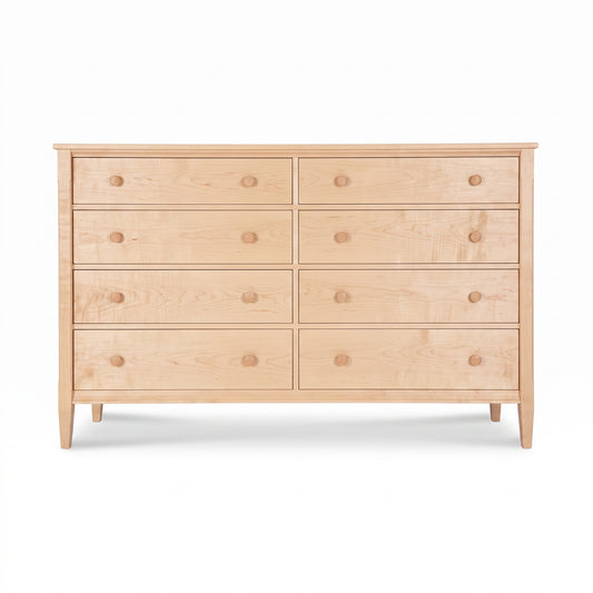 Vermont Shaker 8-Drawer Dresser by Maple Corner Woodworks in solid maple wood, featuring round knobs and tapered legs, expertly crafted in the USA.