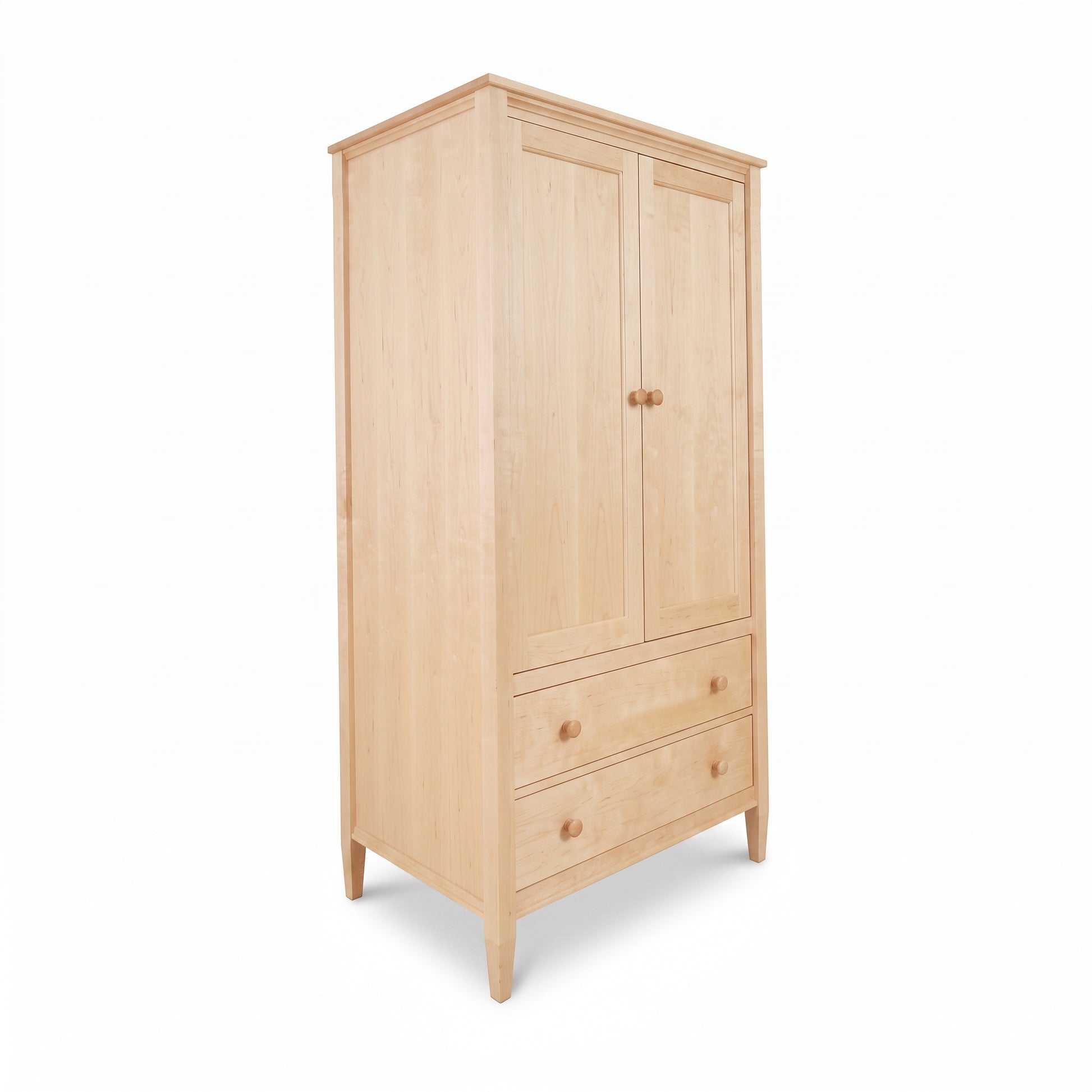 Maple Corner Woodworks Vermont Shaker Armoire features 2 doors, 2 drawers, and 4 legs in classic Shaker style, crafted from solid wood.