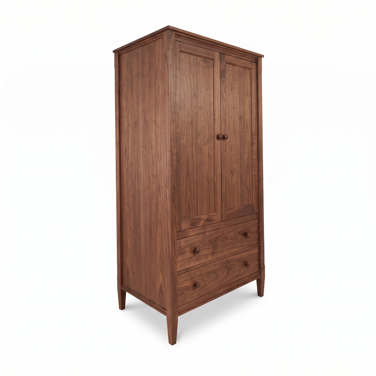 Vermont Shaker Armoire by Maple Corner Woodworks in solid wood with 2 doors, 2 drawers, and round handles, expertly crafted in the USA.