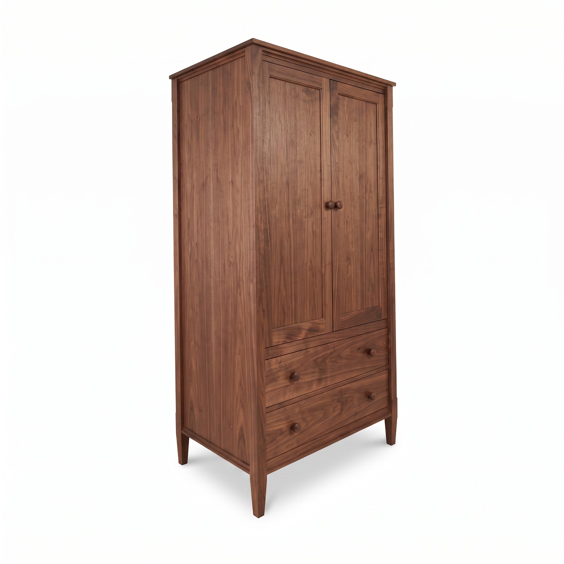 Vermont Shaker Armoire by Maple Corner Woodworks in solid wood with 2 doors, 2 drawers, and round handles, expertly crafted in the USA.