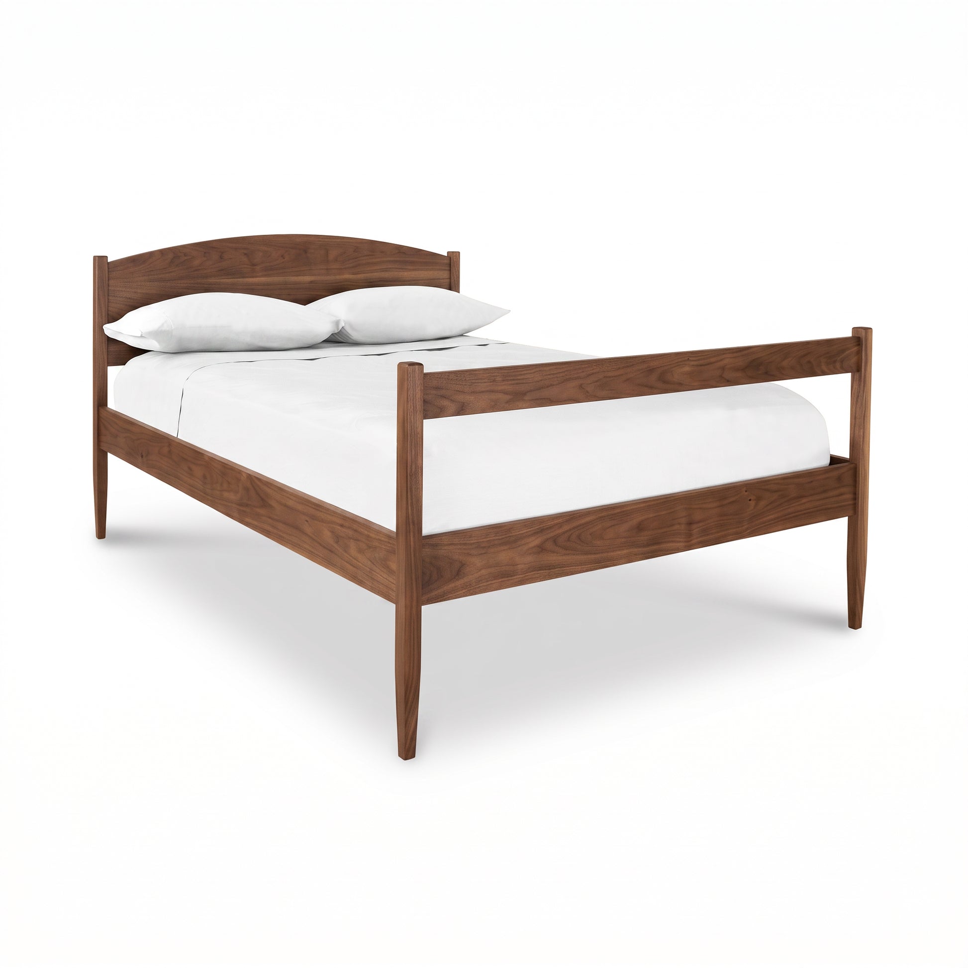 Maple Corner Woodworks Vermont Shaker Bed featuring a classic wood frame with white mattress, sheets, and pillows. Handcrafted American-made quality.