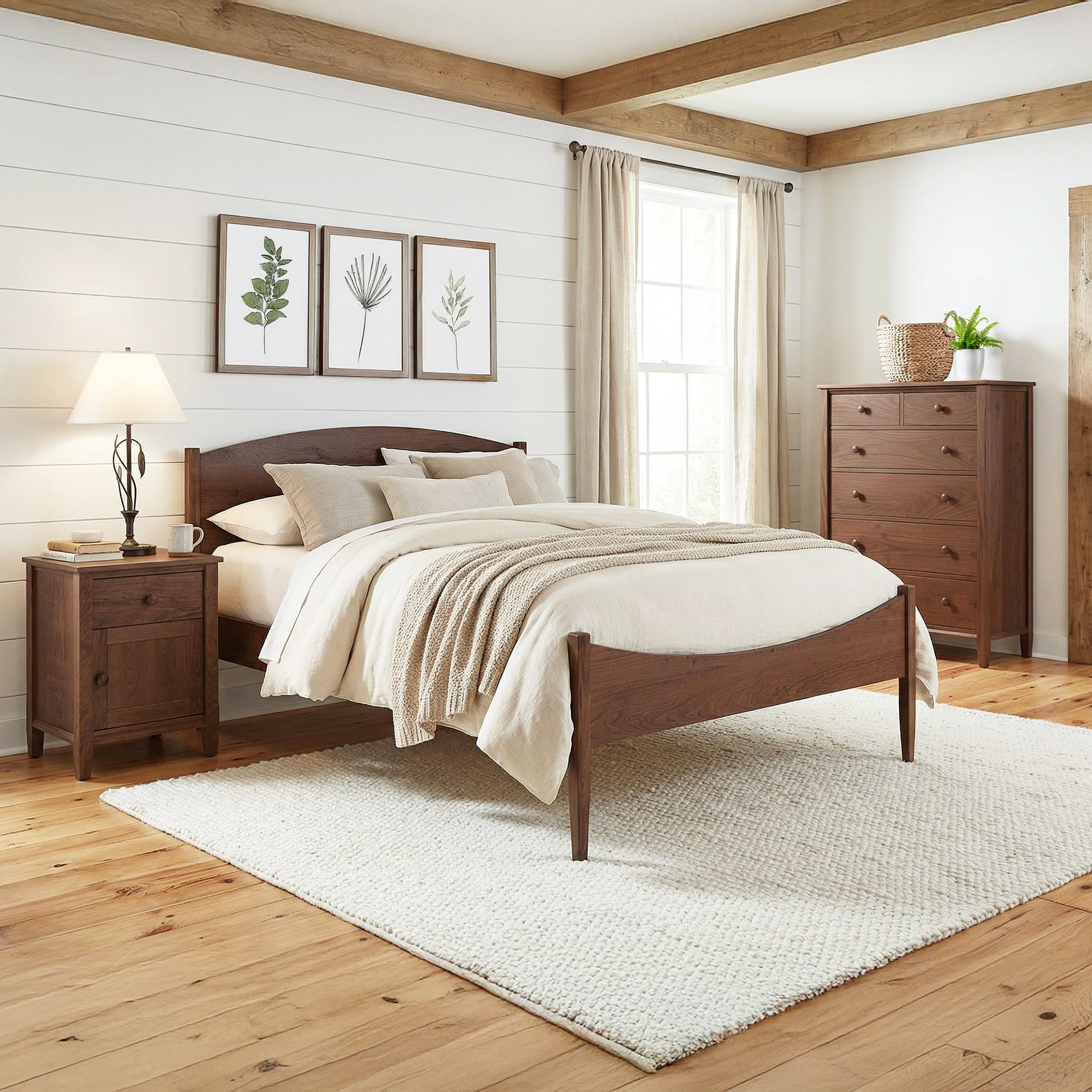Maple Corner Woodworks Vermont Shaker wooden bed and 1-Drawer Nightstand with Door, paired with a dresser, showcased in a bright bedroom.
