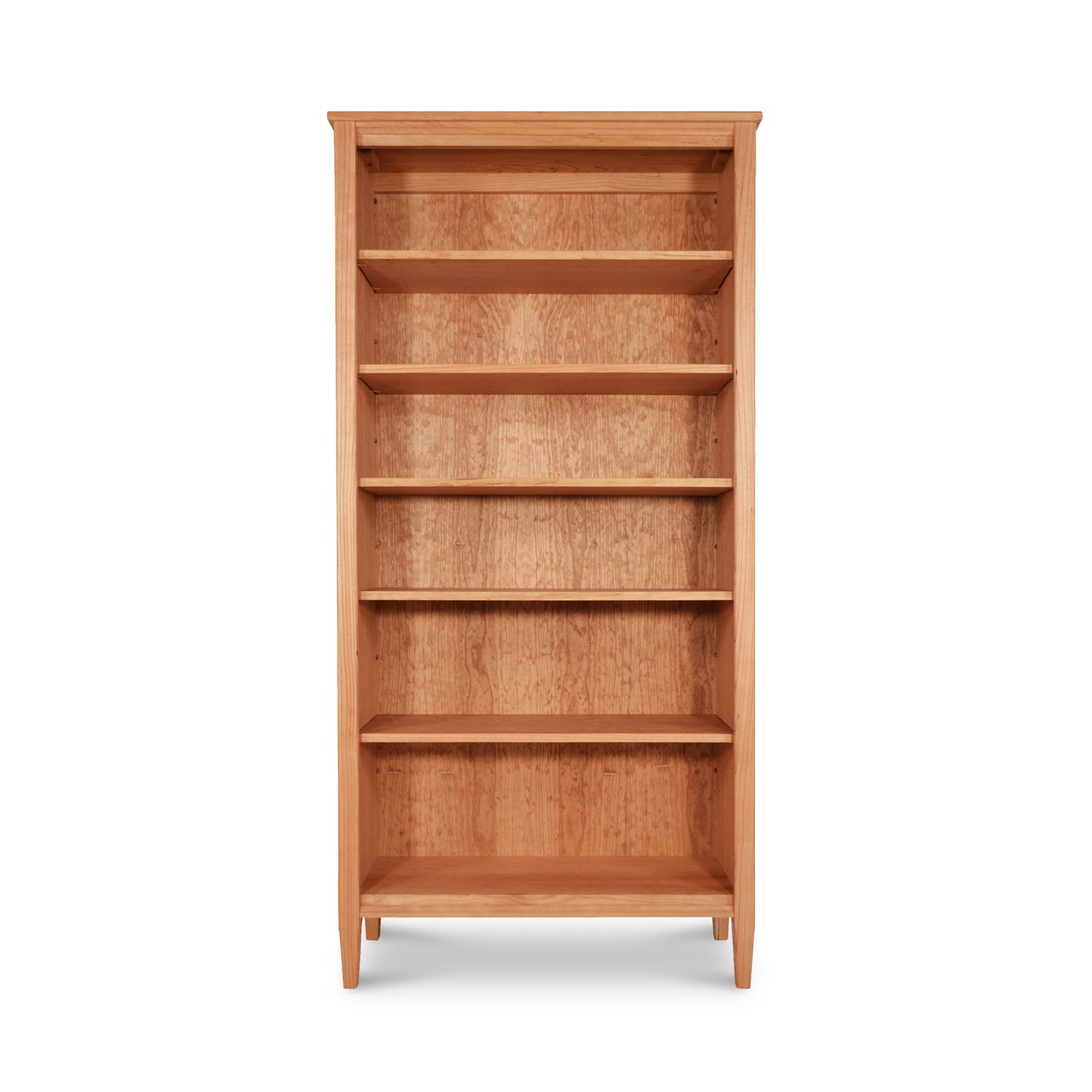 Wooden bookshelf with five shelves, empty and standing against a plain white background from the Maple Corner Woodworks Vermont Shaker Bookcase collection.
