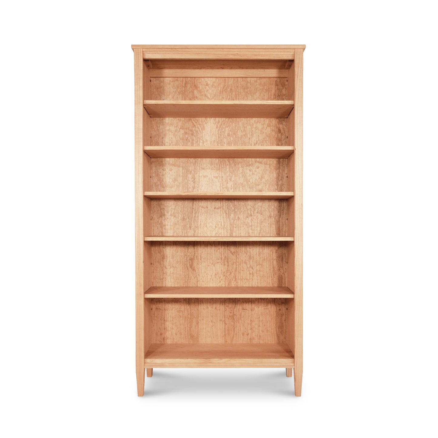 Empty Maple Corner Woodworks Vermont Shaker Bookcase with five shelves, crafted from sustainably harvested hardwoods, against a white background.