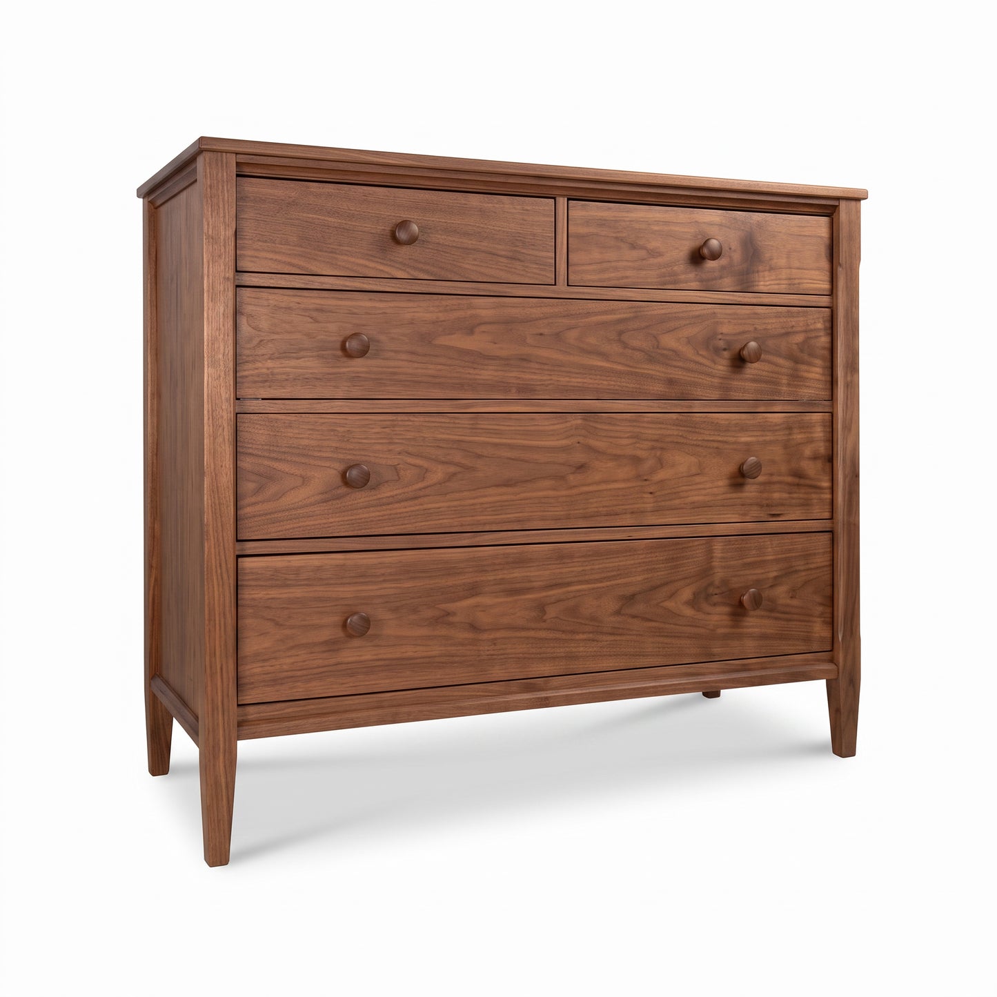 Vermont Shaker Extra Wide Chest by Maple Corner Woodworks with five round-knobbed drawers, finely crafted in solid wood, American made.
