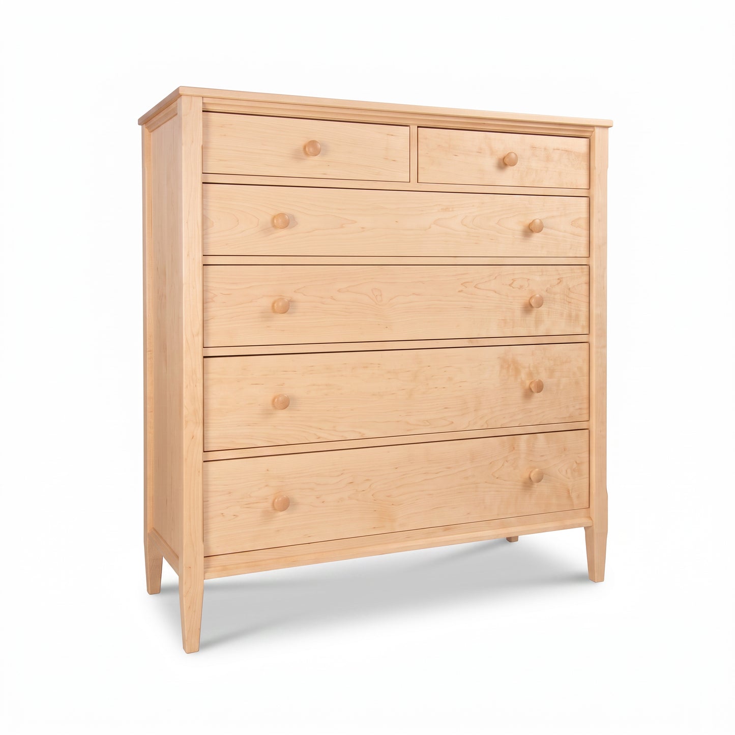 Vermont Shaker Extra Wide Chest by Maple Corner Woodworks, showcasing six spacious drawers and classic short legs, crafted in solid wood.