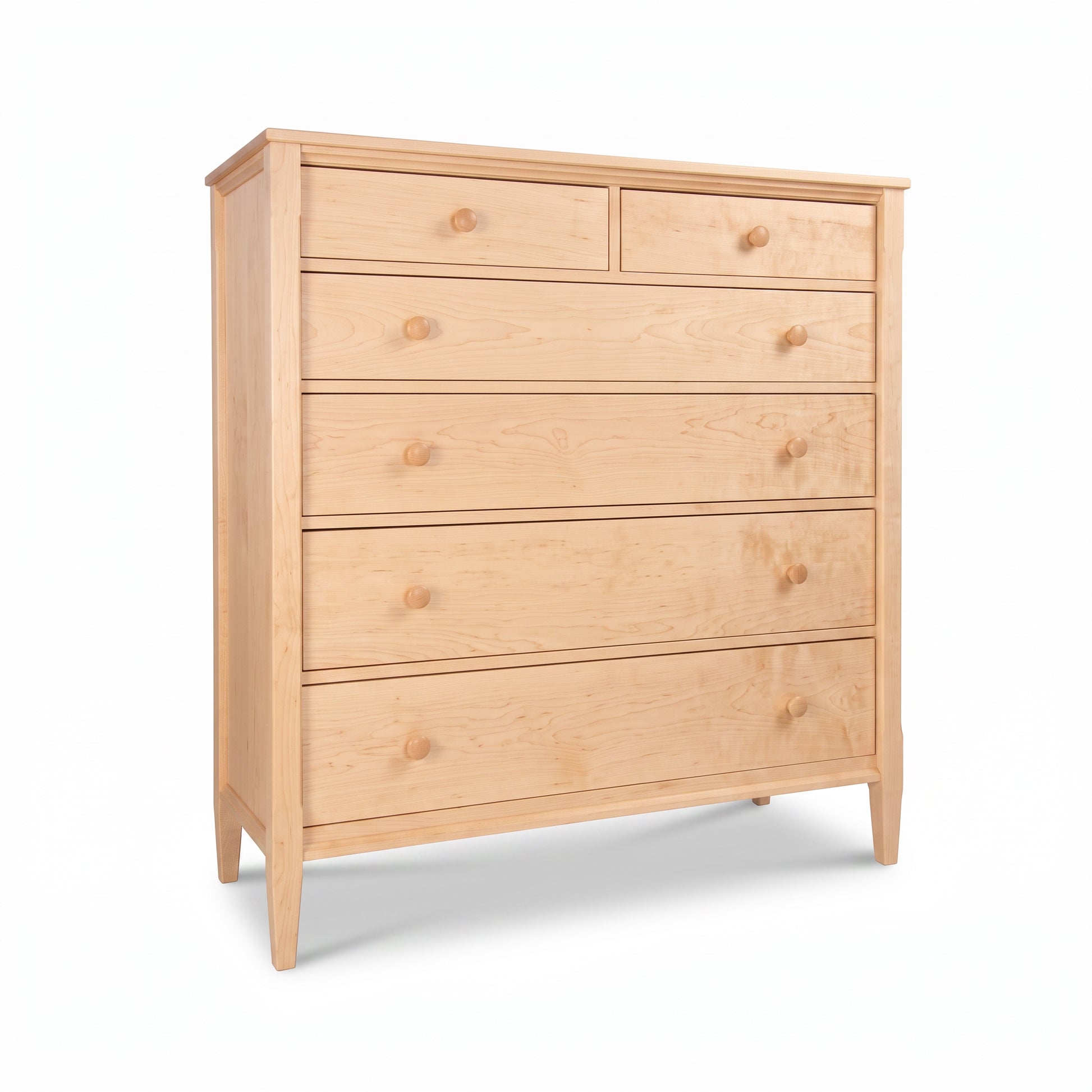 Vermont Shaker Extra Wide Chest by Maple Corner Woodworks, showcasing six spacious drawers and classic short legs, crafted in solid wood.