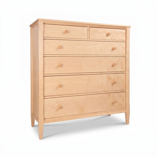 Vermont Shaker Extra Wide Chest by Maple Corner Woodworks, showcasing six spacious drawers and classic short legs, crafted in solid wood.