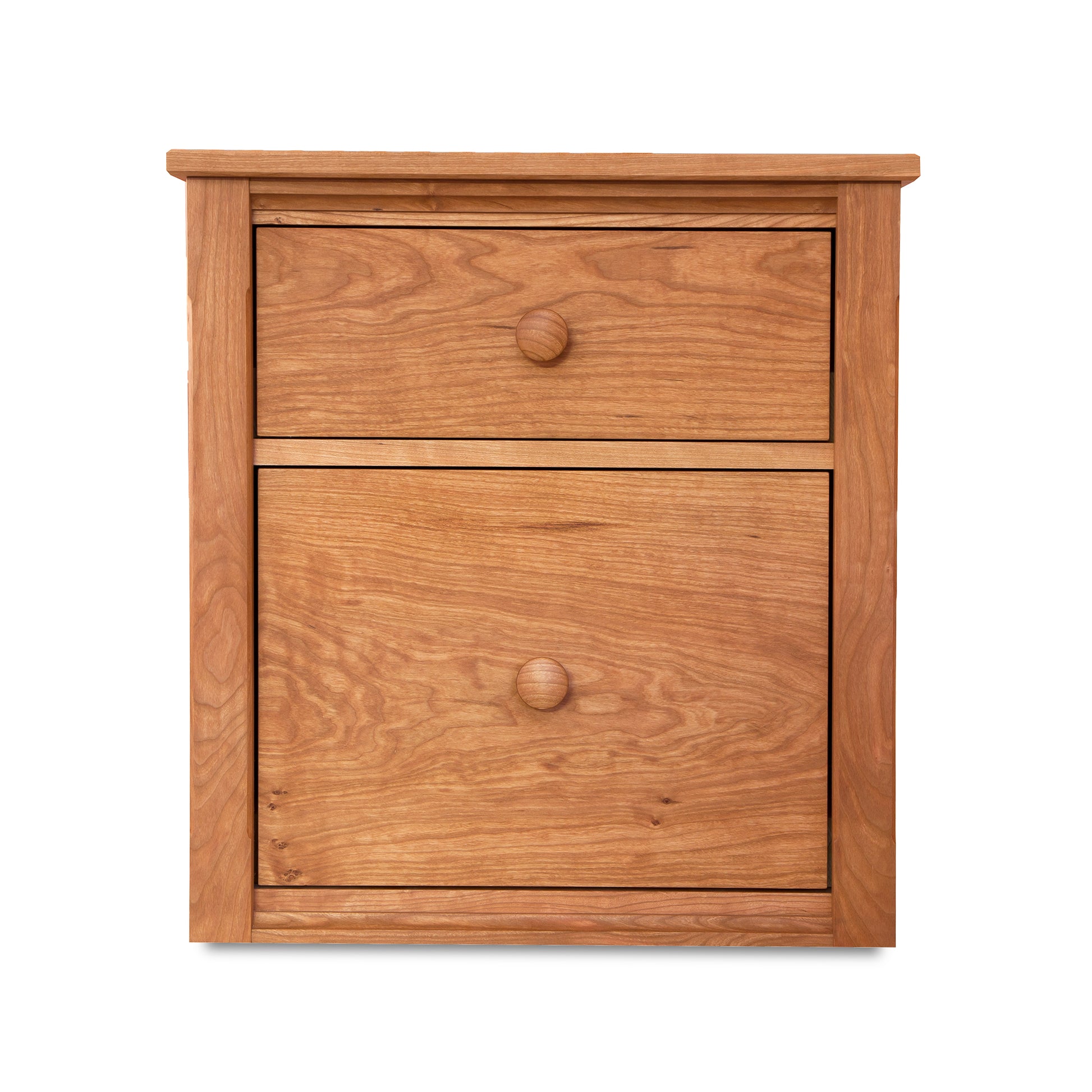 Vermont Shaker File Cabinet by Maple Corner Woodworks, featuring a natural wood finish and round knobs; two-drawer hardwood filing cabinet with a timeless design.