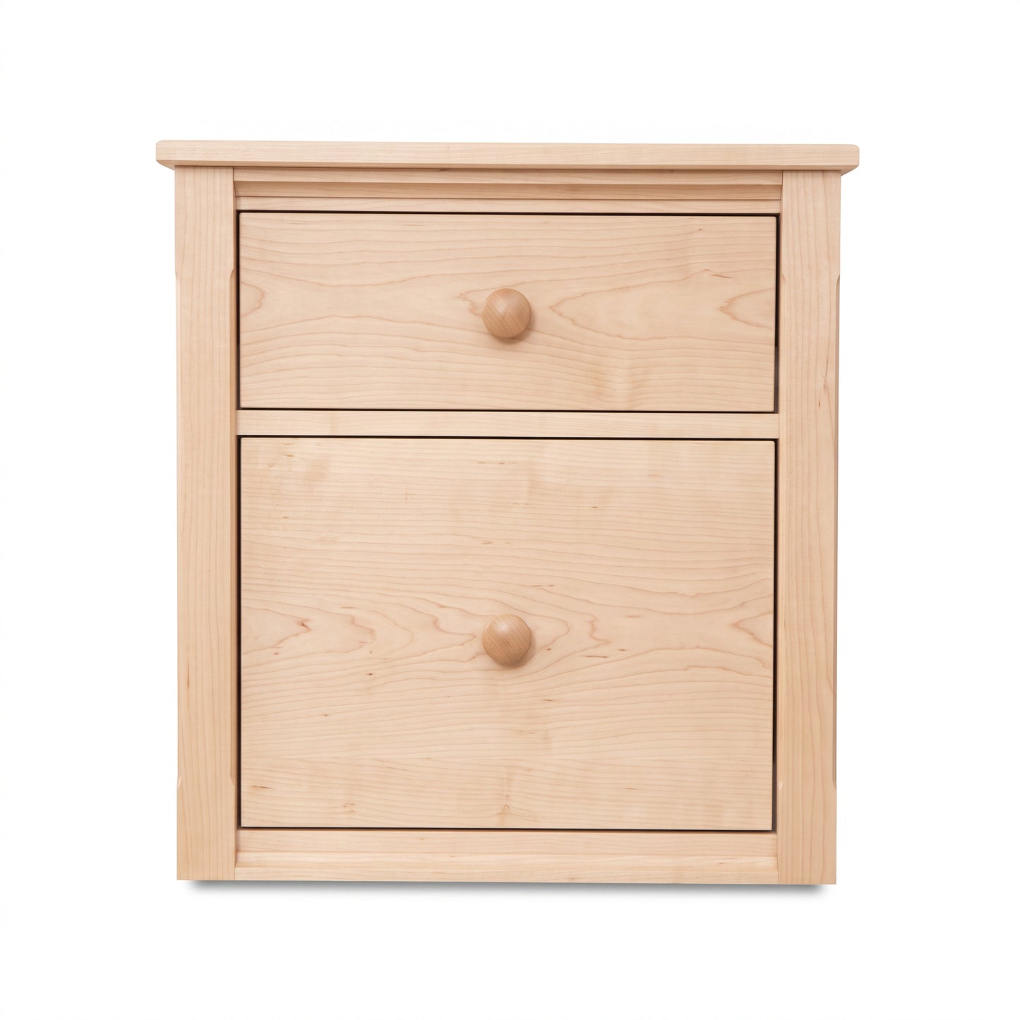 Vermont Shaker-style two-drawer nightstand in maple wood, crafted by Maple Corner Woodworks, highlighting quality American craftsmanship.