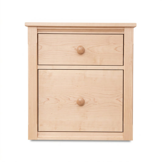 Vermont Shaker-style two-drawer nightstand in maple wood, crafted by Maple Corner Woodworks, highlighting quality American craftsmanship.