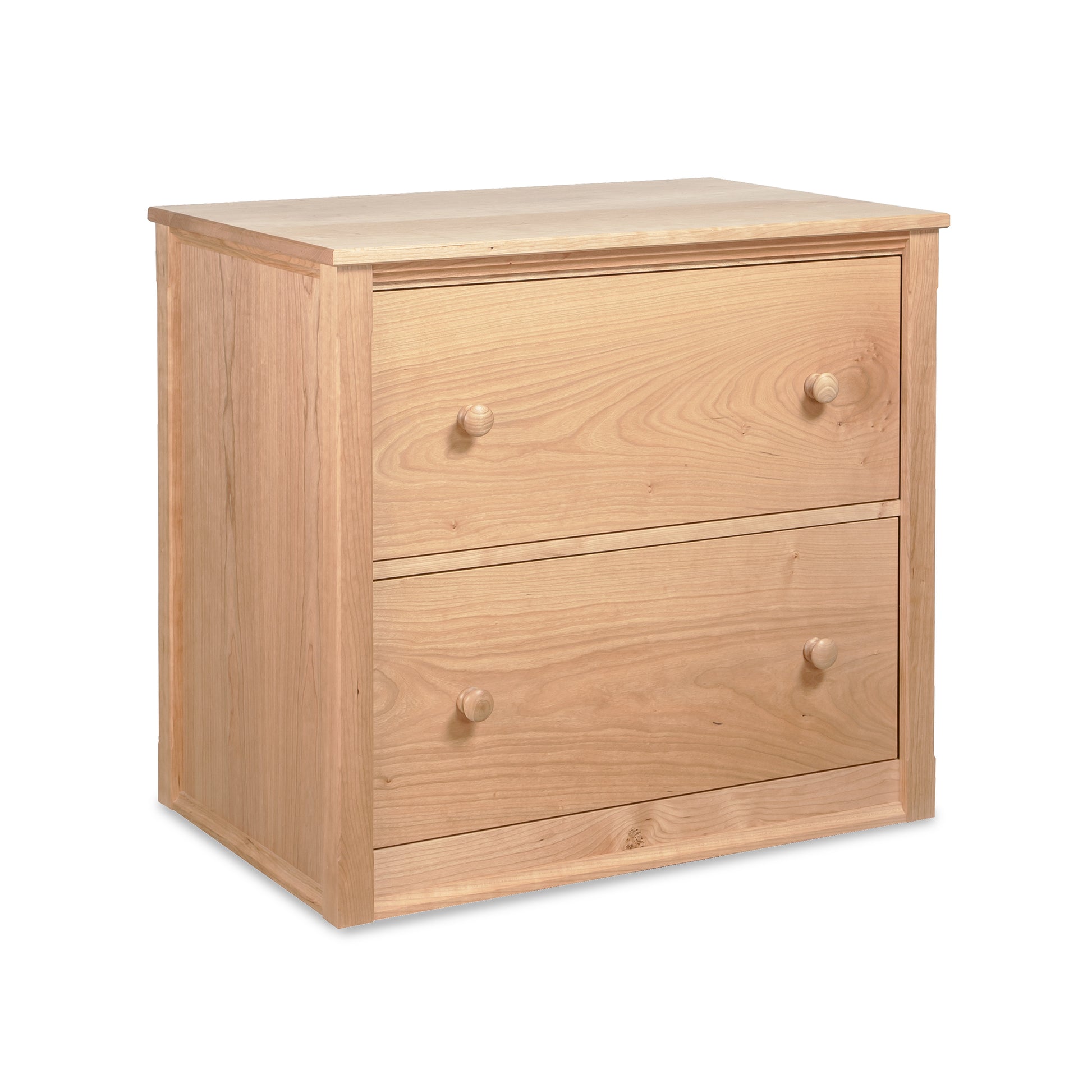 Vermont Shaker File Cabinet by Maple Corner Woodworks features a handcrafted, light wood two-drawer design with round knobs, showcasing fine American craftsmanship.