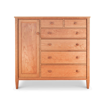A Maple Corner Woodworks Vermont Shaker Gent's Chest featuring a single door on the left and four drawers on the right, all with circular knobs, set against a plain white background.