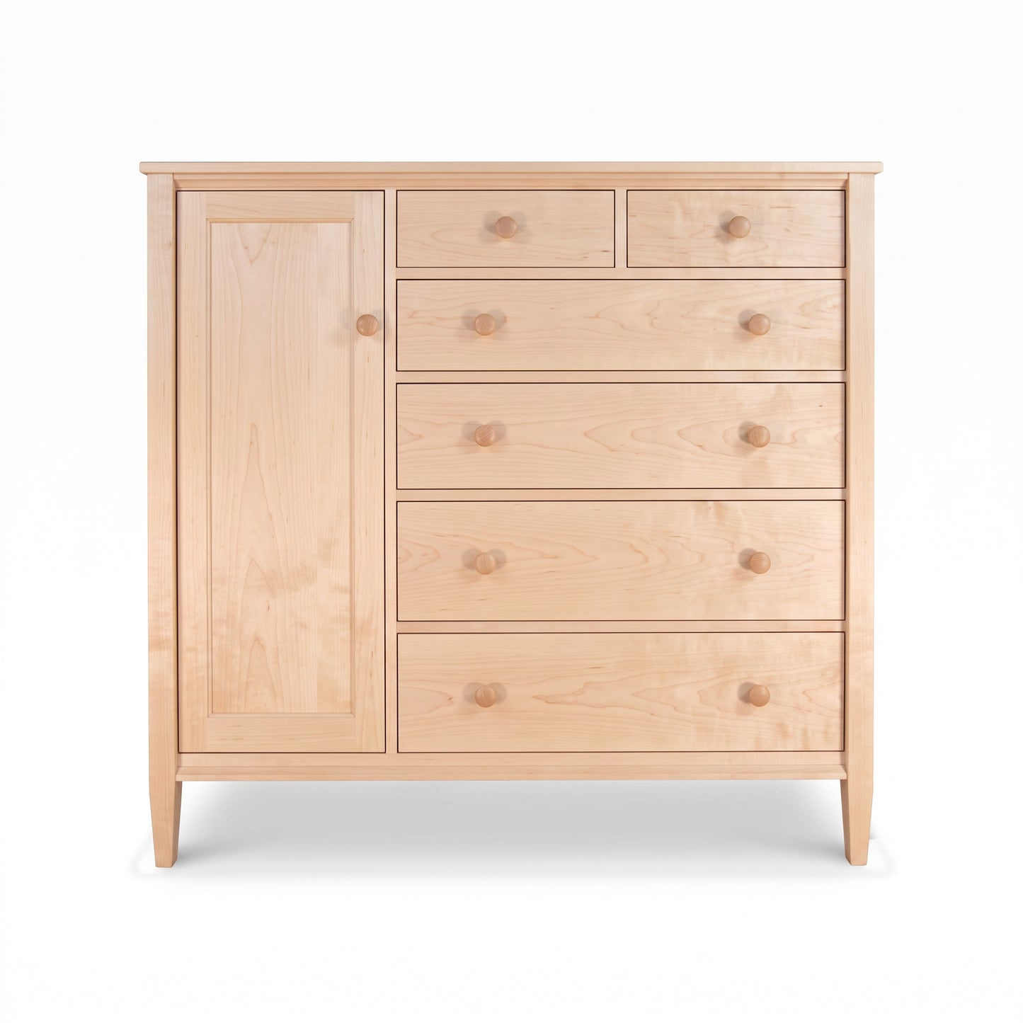 Vermont Shaker Gent’s Chest by Maple Corner Woodworks featuring six drawers, a left cabinet, maple wood, and sturdy short legs.