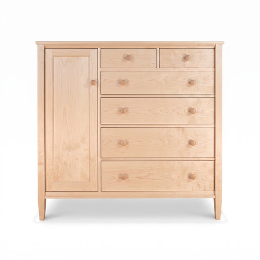 Vermont Shaker Gent’s Chest by Maple Corner Woodworks featuring six drawers, a left cabinet, maple wood, and sturdy short legs.