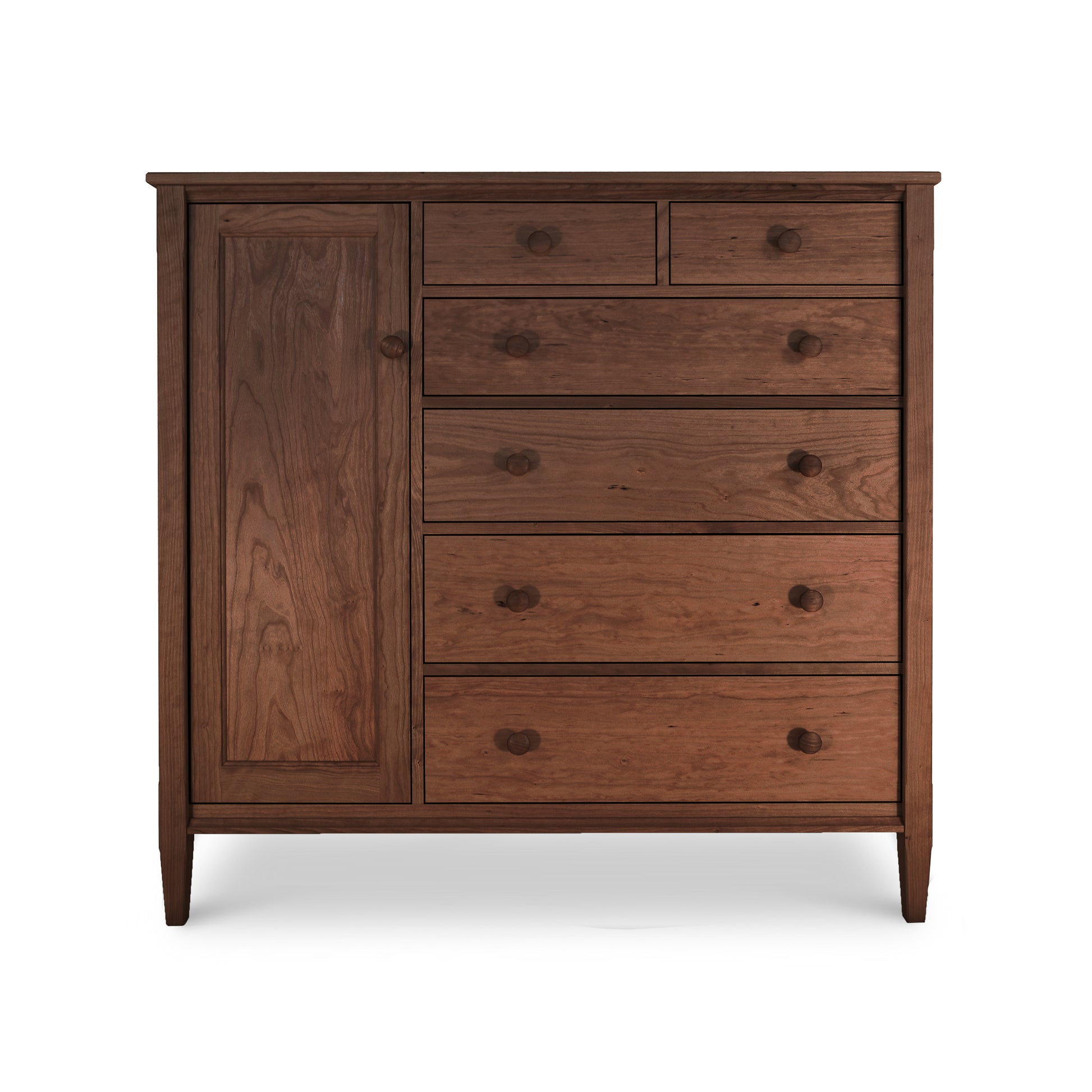 A Maple Corner Woodworks Vermont Shaker Gent's Chest featuring a large cabinet door on the left and six drawers of varying sizes on the right, set against a plain white background.