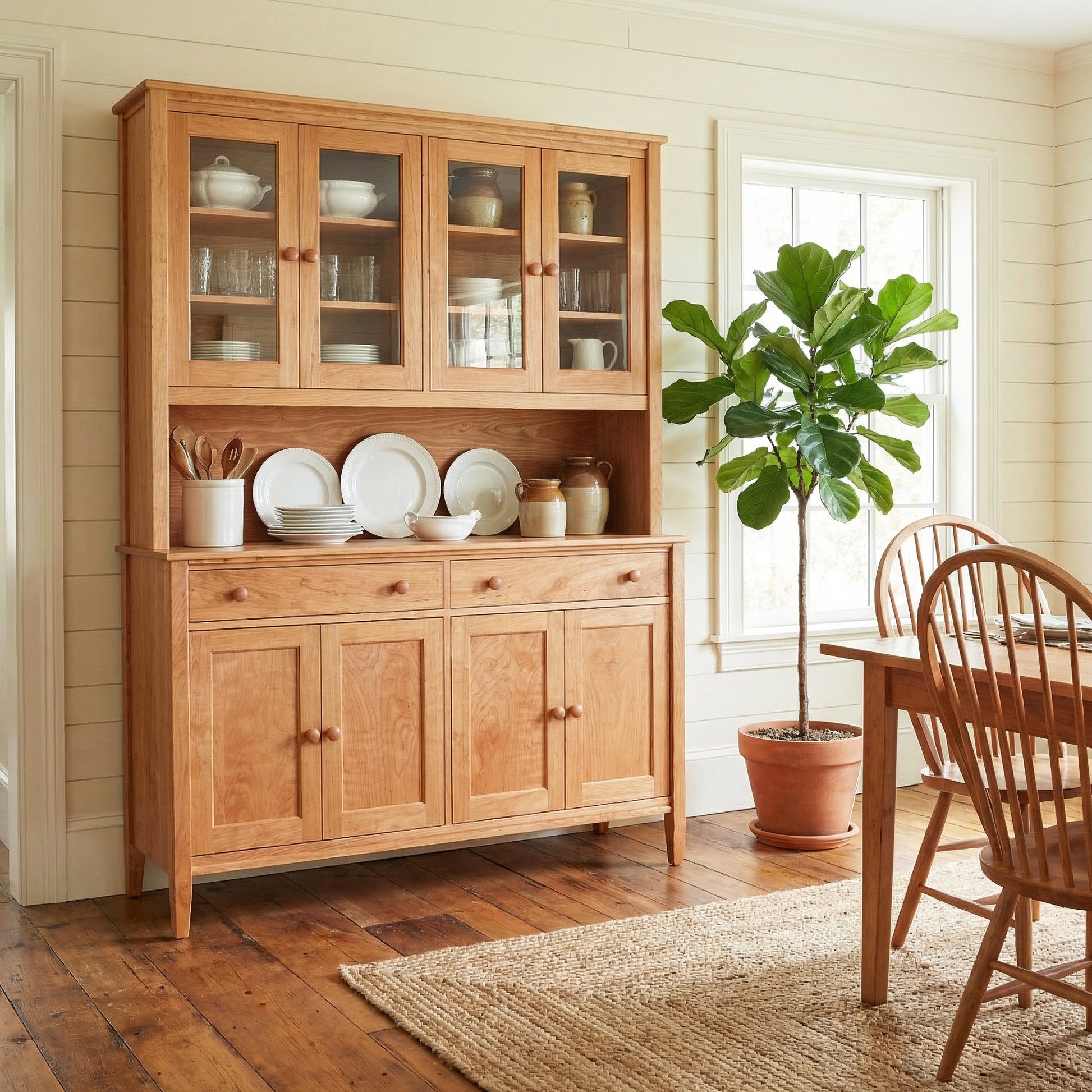 Vermont Shaker Large China Cabinet by Maple Corner Woodworks, showcasing fine craftsmanship and elegant design in a well-lit setting.