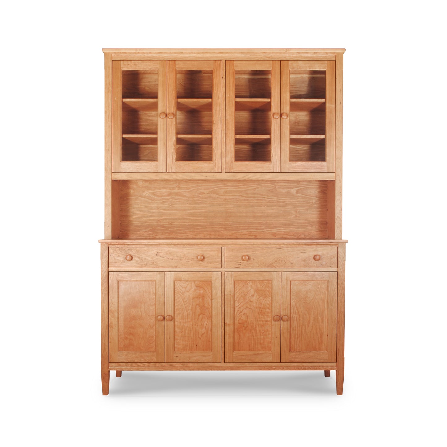 A Maple Corner Woodworks Vermont Shaker Large China Cabinet with an upper display cabinet featuring open shelving and a lower cabinet with closed doors, isolated on a white background.
