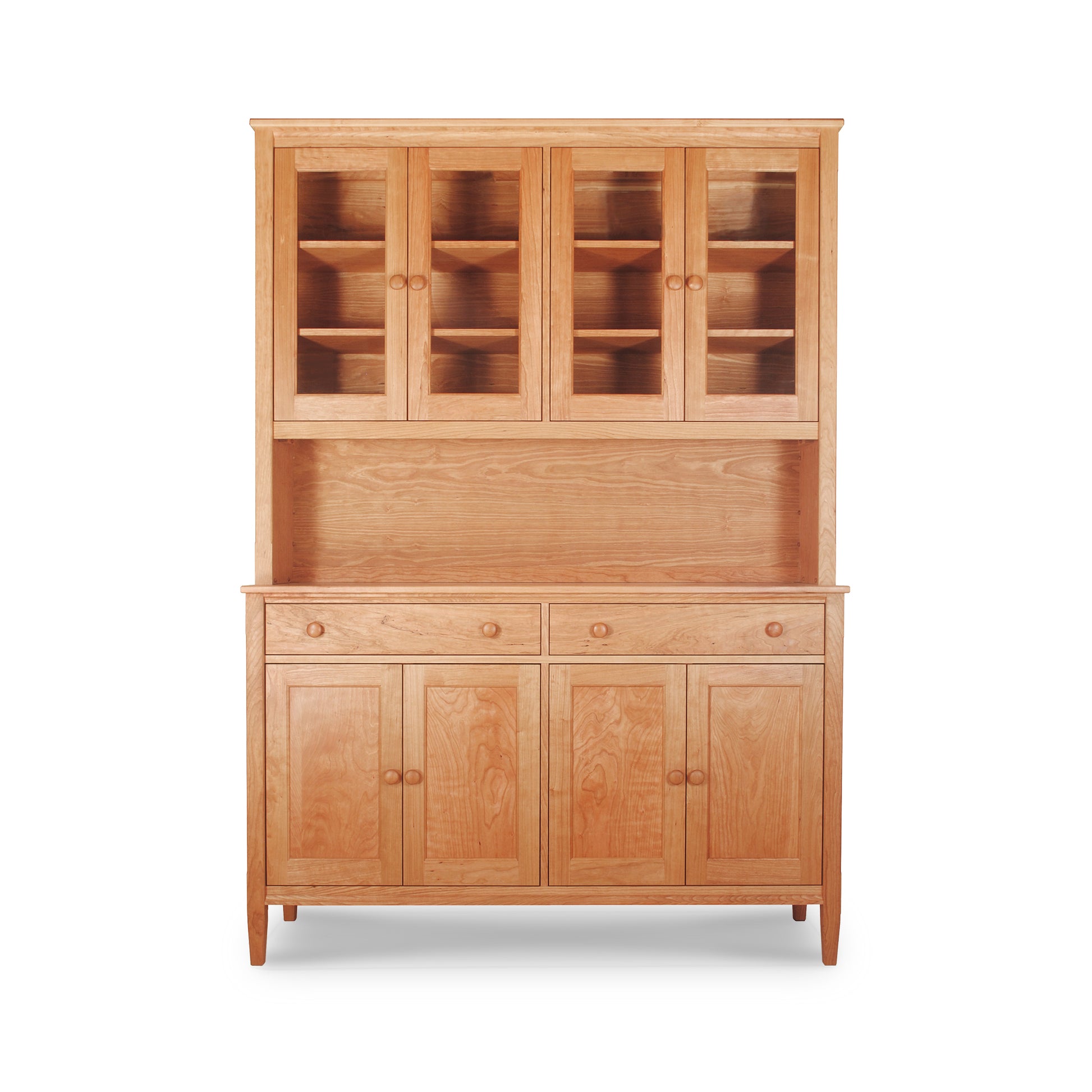 A Maple Corner Woodworks Vermont Shaker Large China Cabinet with an upper display cabinet featuring open shelving and a lower cabinet with closed doors, isolated on a white background.