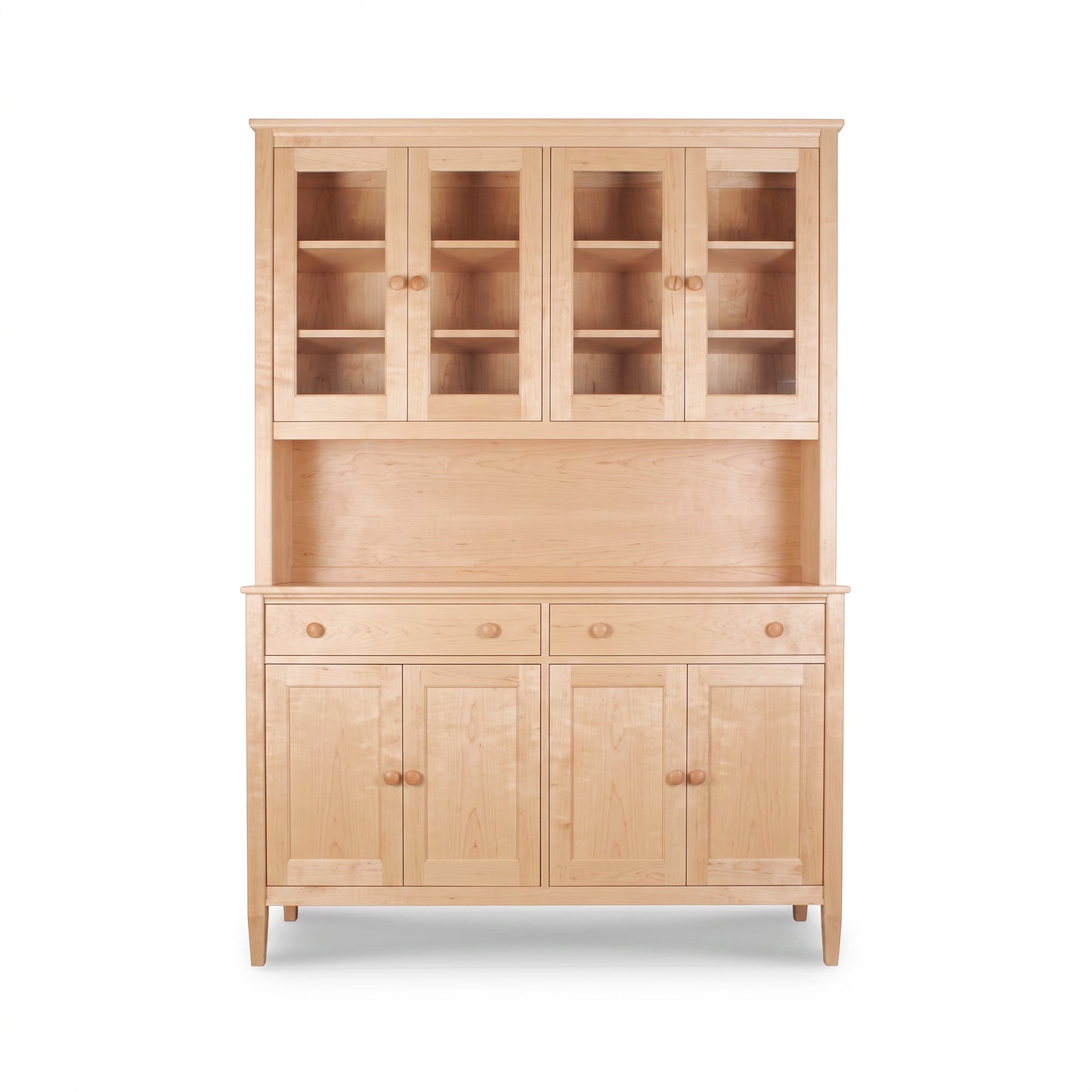 Vermont Shaker Large China Cabinet in maple wood with glass doors, drawers, and solid lower cabinets by Maple Corner Woodworks.