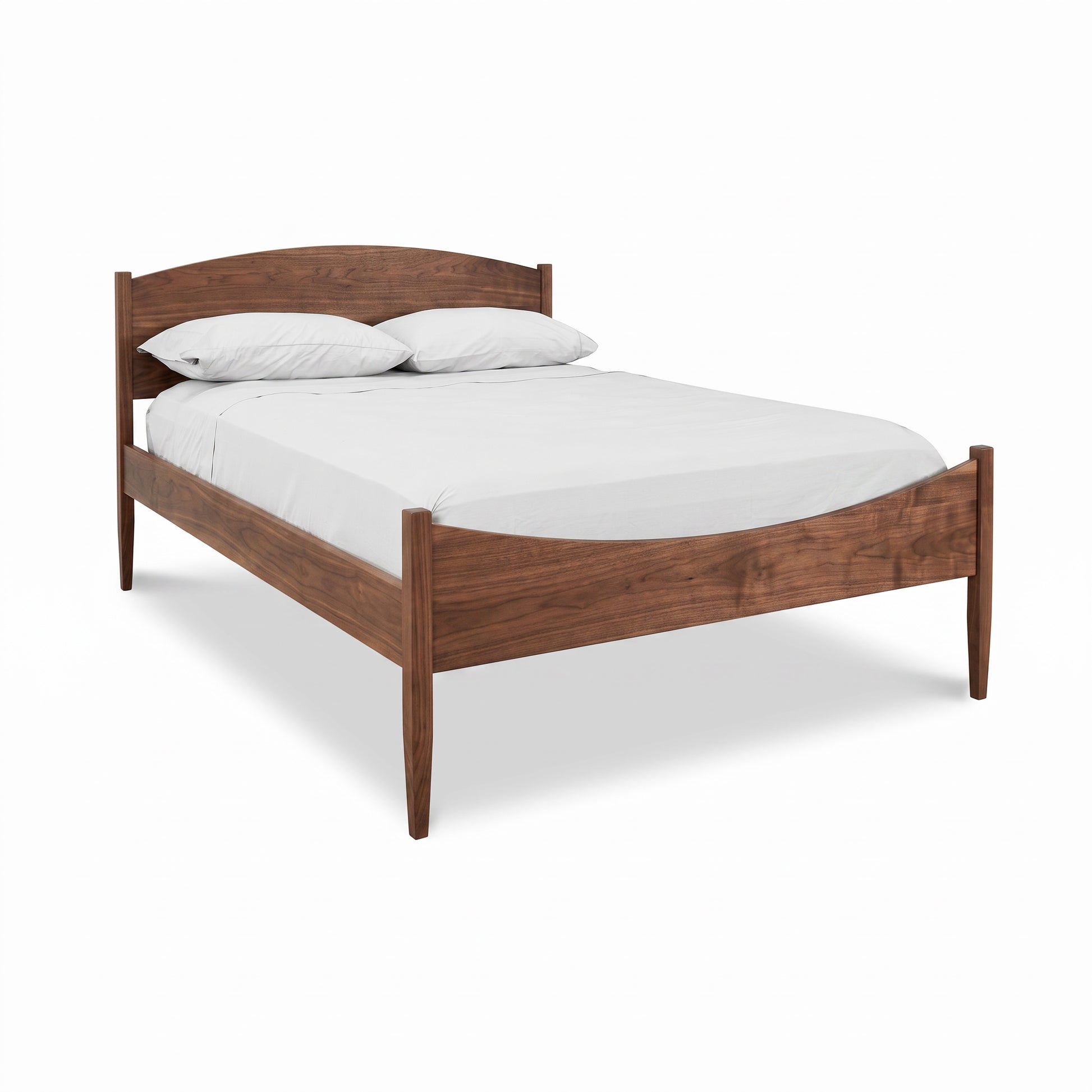 Vermont Shaker Moon Bed by Maple Corner Woodworks with headboard, footboard, white mattress, and pillows; handcrafted American-made furniture.