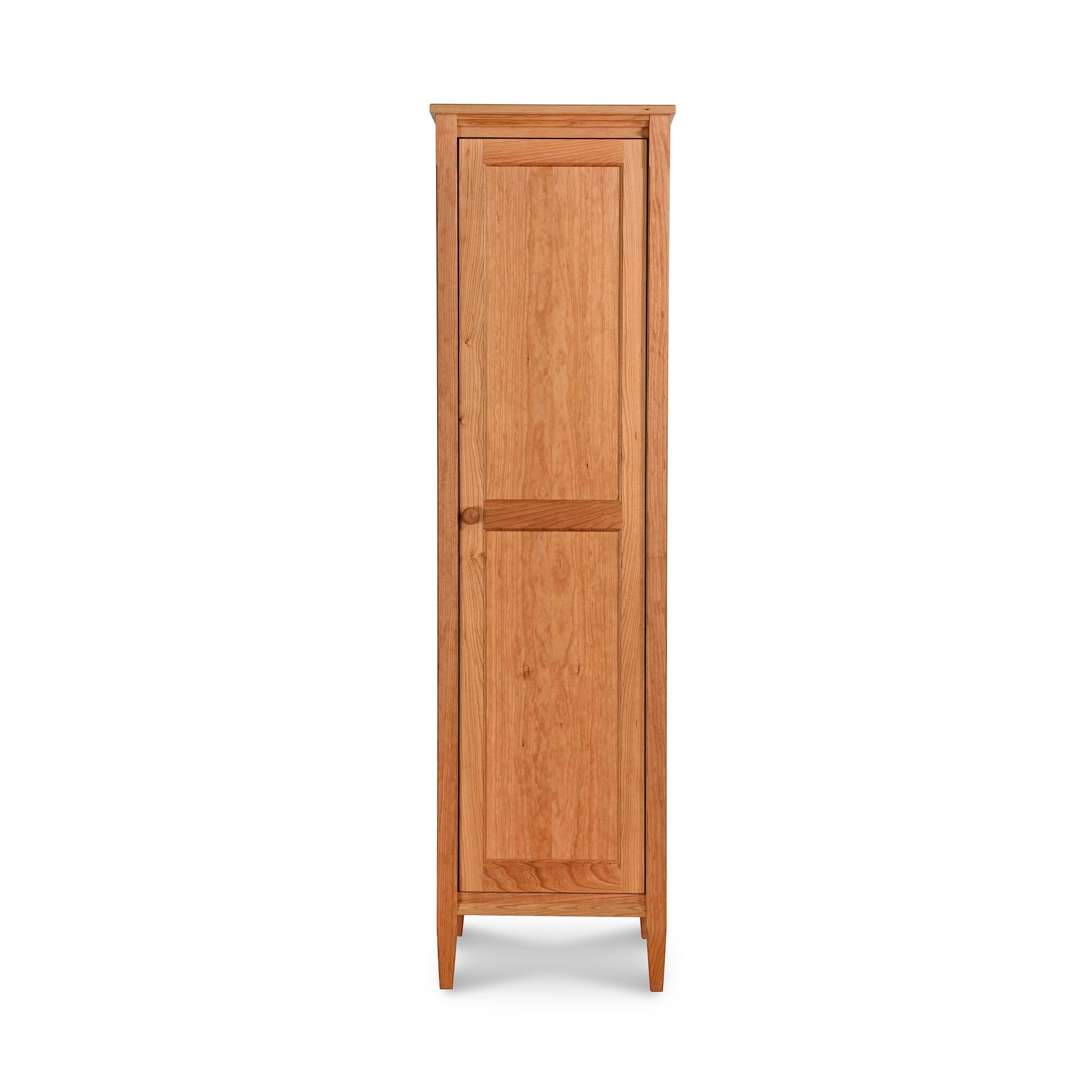 Vermont Shaker Narrow Bookcase by Maple Corner Woodworks highlighting its solid wood craftsmanship, classic design, single door, mirror feature, and natural finish.