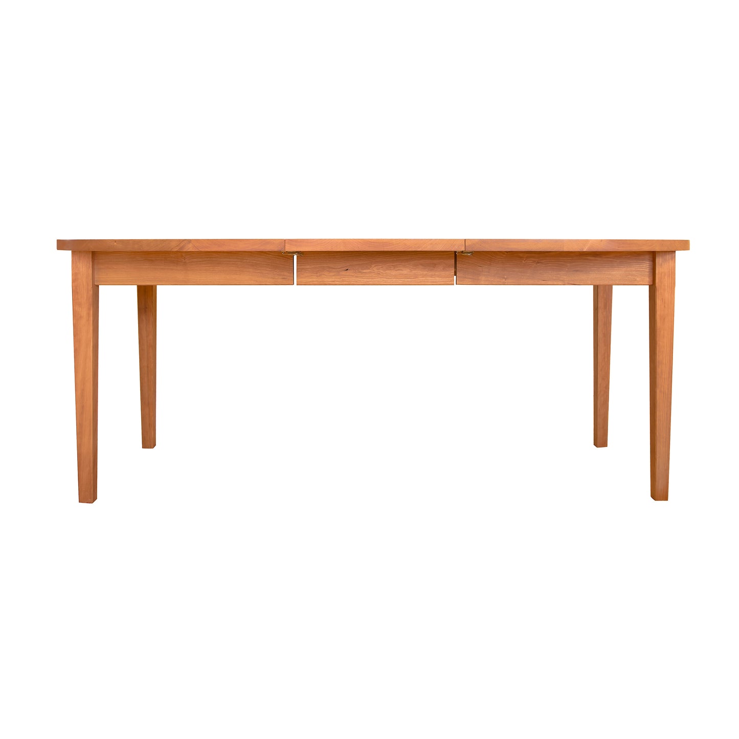 A handcrafted Maple Corner Woodworks Vermont Shaker Oval Extension dining table made of wood with two drawers.