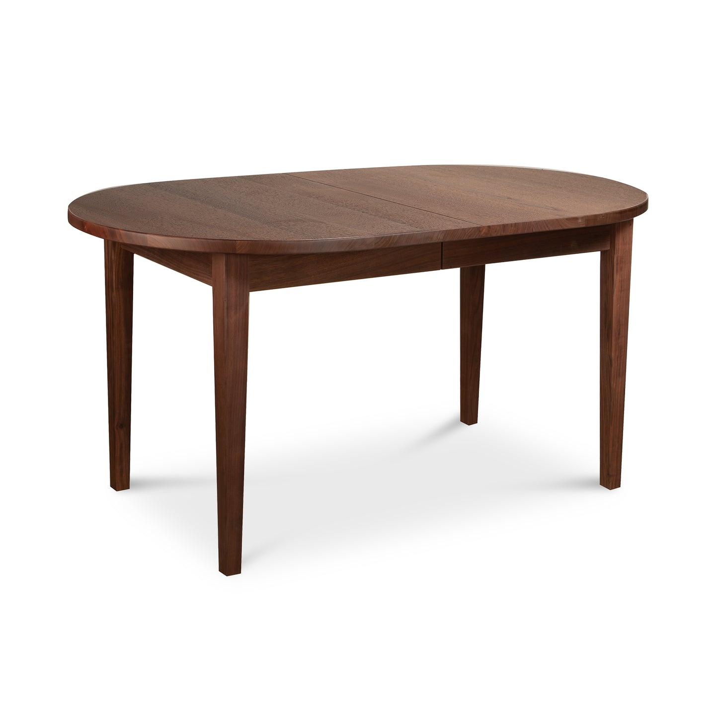 Vermont Shaker oval extension dining table by Maple Corner Woodworks, solid wood, dark finish, four straight legs, handcrafted American furniture.