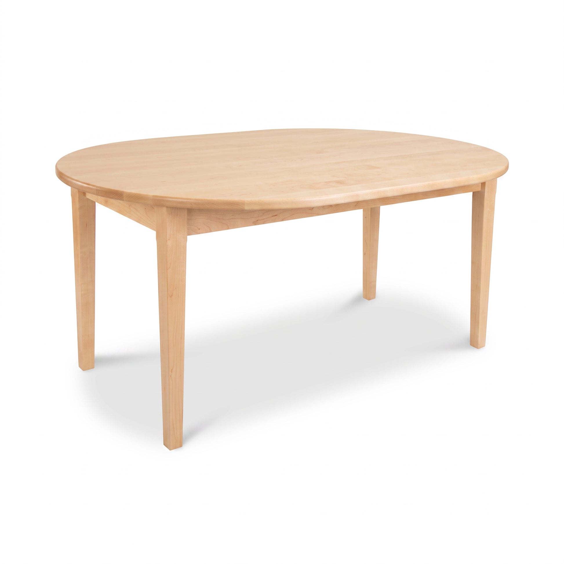 Handcrafted Vermont Shaker oval dining table in light wood by Maple Corner Woodworks, featuring a solid top and four legs. American made quality.