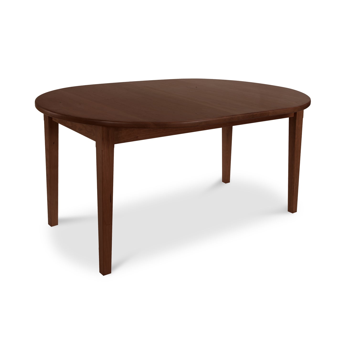 A Vermont Shaker Oval Solid Top Dining Table from Maple Corner Woodworks, with a smooth top and four legs, isolated on a white background.