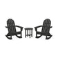 Two black POLYWOOD Vineyard 3-Piece Adirondack rocking chairs facing each other with a small round table between them, isolated on a white background.