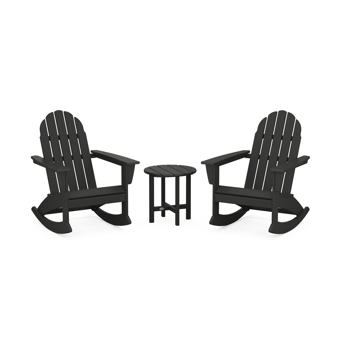 Two black POLYWOOD Vineyard 3-Piece Adirondack rocking chairs facing each other with a small round table between them, isolated on a white background.