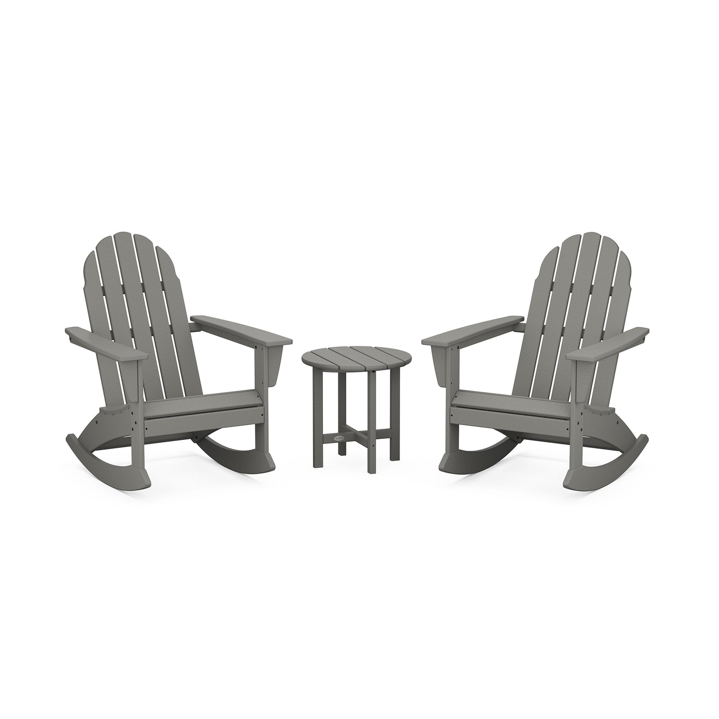 Two gray POLYWOOD Vineyard 3-Piece Adirondack Rocking Chair Sets facing each other with a small round table between them, set against a white background.