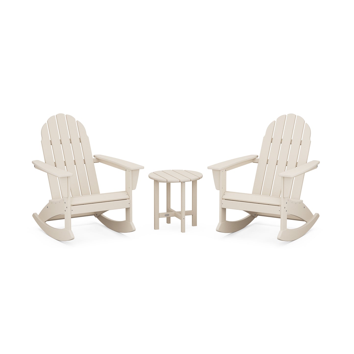 Two beige POLYWOOD Vineyard 3-Piece Adirondack Rocking Chair Sets facing each other with a small round table between them, set against a plain white background.
