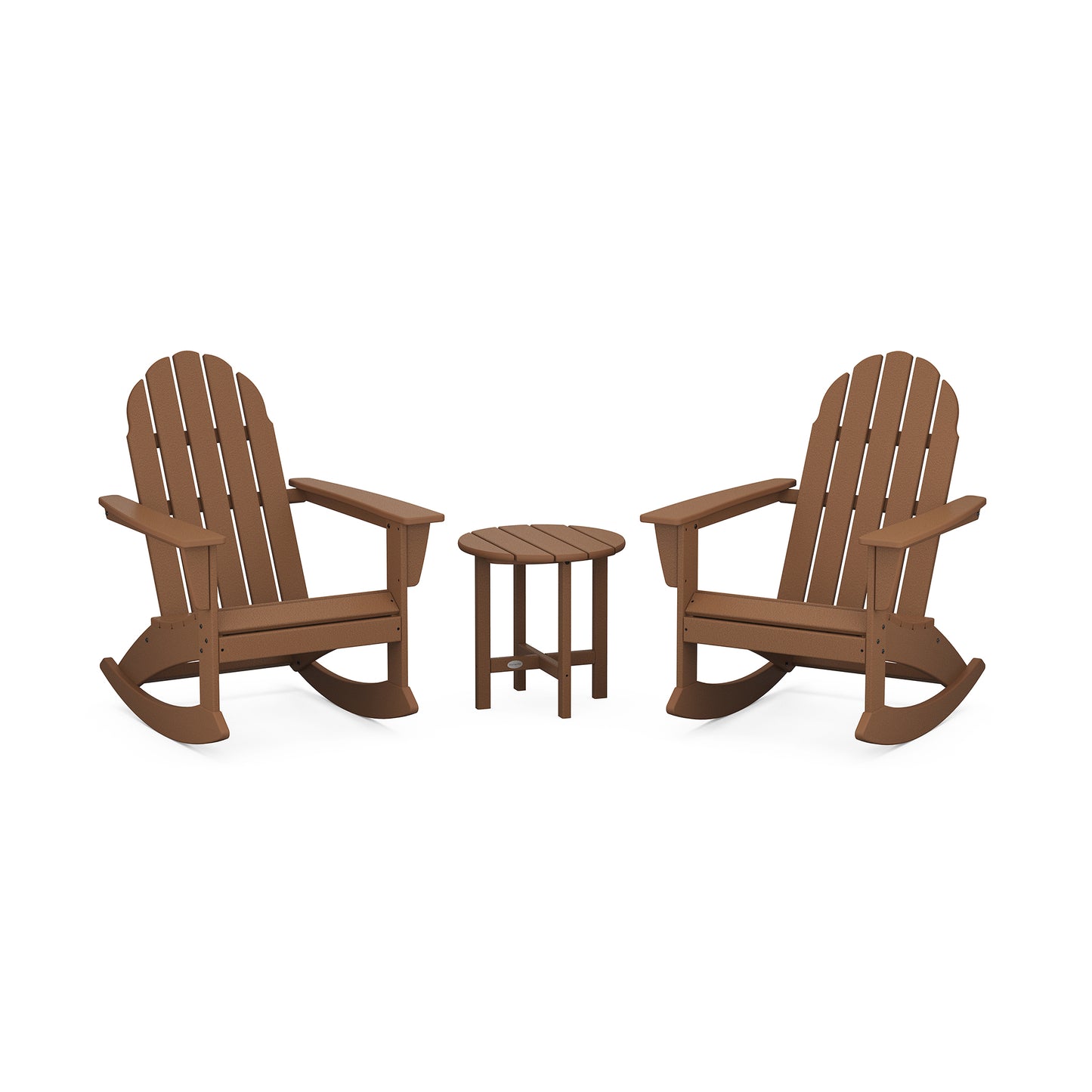 Two brown POLYWOOD Vineyard 3-Piece Adirondack Rocking Chairs facing each other with a small round table between them, set against a plain white background.