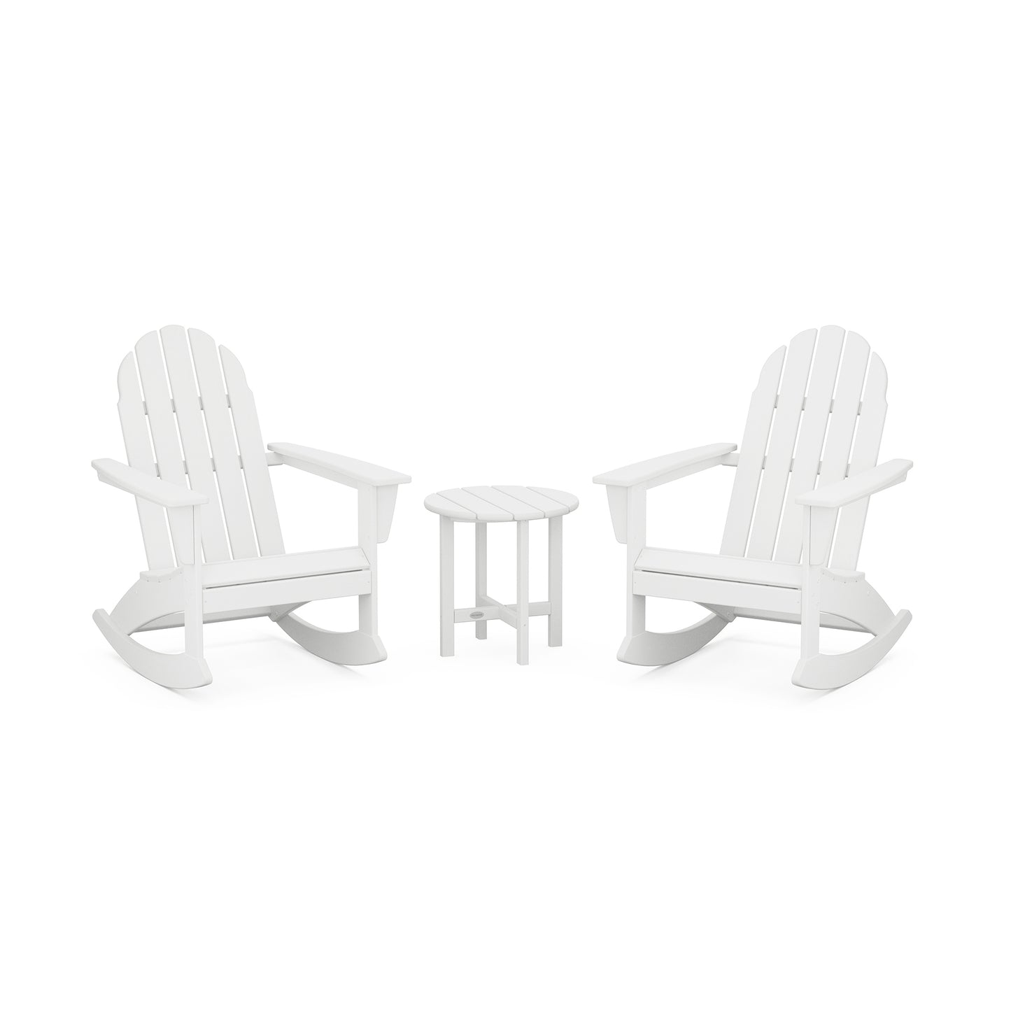 Two white POLYWOOD Vineyard 3-Piece Adirondack rocking chairs facing each other with a small round table between them, set against a plain white background.