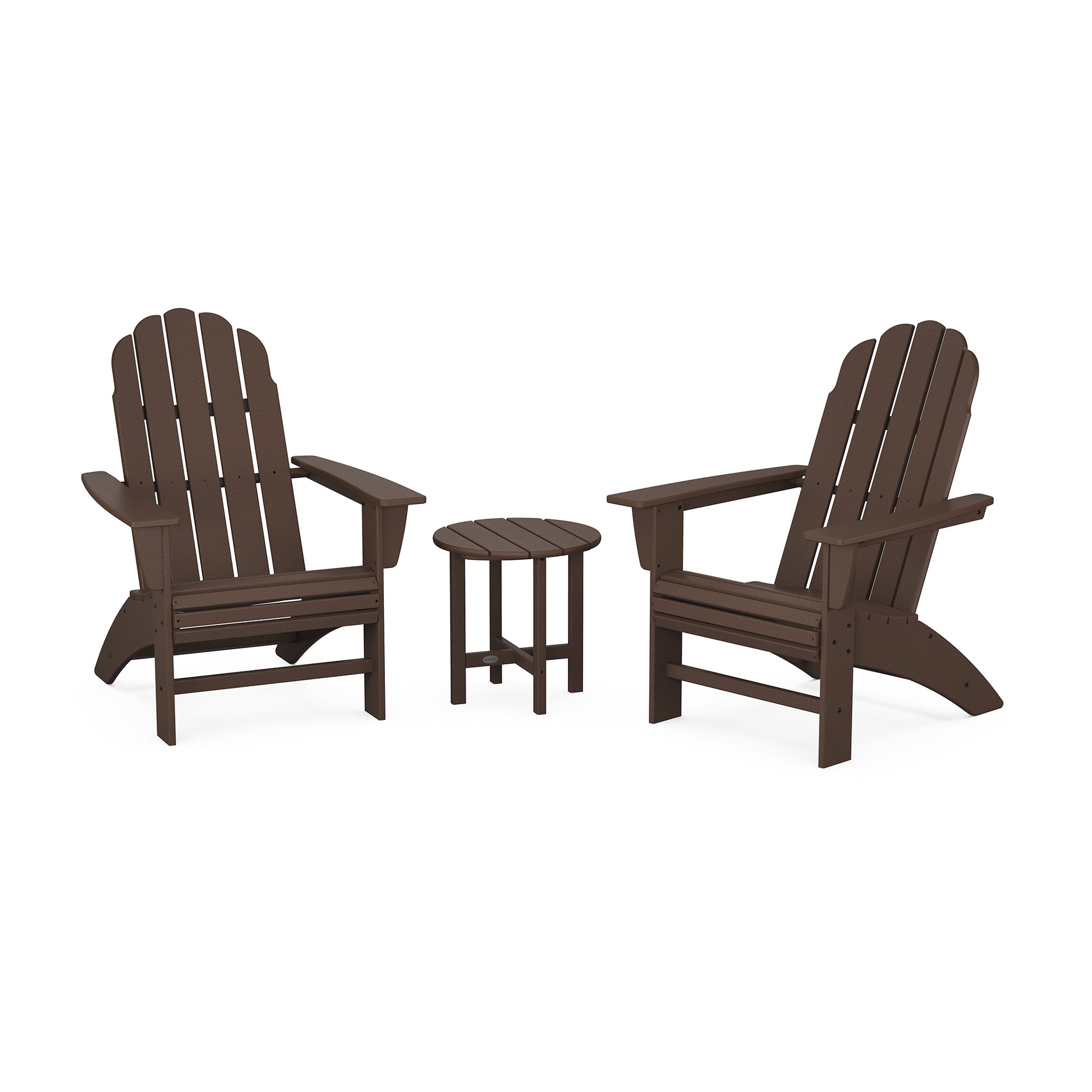 Two weather-resistant brown POLYWOOD Vineyard 3-Piece Curveback Adirondack chairs with a matching small round table set on a plain white background, designed for outdoor seating.