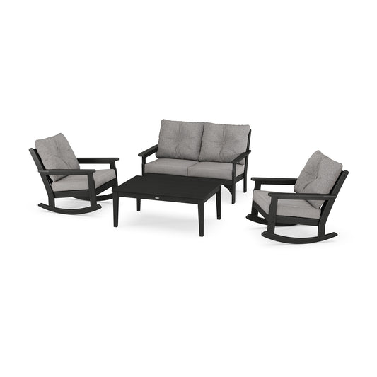 A POLYWOOD Vineyard 4-Piece Deep Seating Rocking Chair Set on a white background, including two rocking chairs, a loveseat, and a coffee table, all in black with gray cushions.