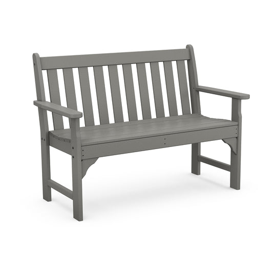 A simple gray POLYWOOD® Vineyard 48" Garden Bench with a slatted back and seat, featuring armrests, depicted on a plain white background.