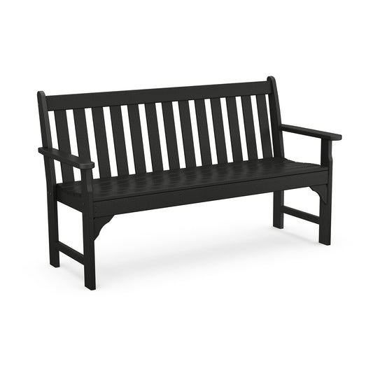 A simple black POLYWOOD® Vineyard 60" Garden Bench with a slatted back and seat, featuring armrests, isolated on a white background.