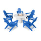 Five blue POLYWOOD Vineyard Adirondack chairs arranged around a white circular table with a built-in fire pit, set against a plain white background.
