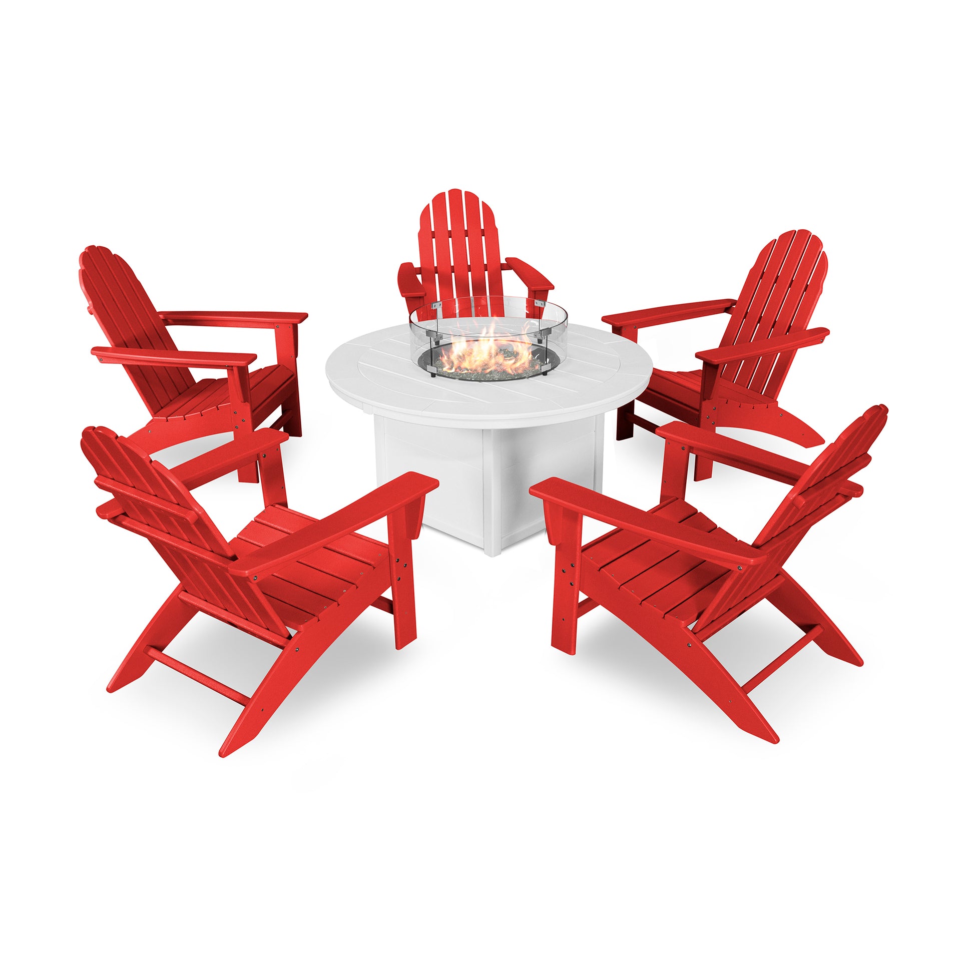 Four POLYWOOD Vineyard Adirondack chairs arranged around a white circular table with a built-in fire pit, set against a plain white background.