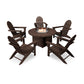 A round fire pit table with a central fire pit, surrounded by four dark brown POLYWOOD Vineyard Adirondack chairs, set on a plain white background.