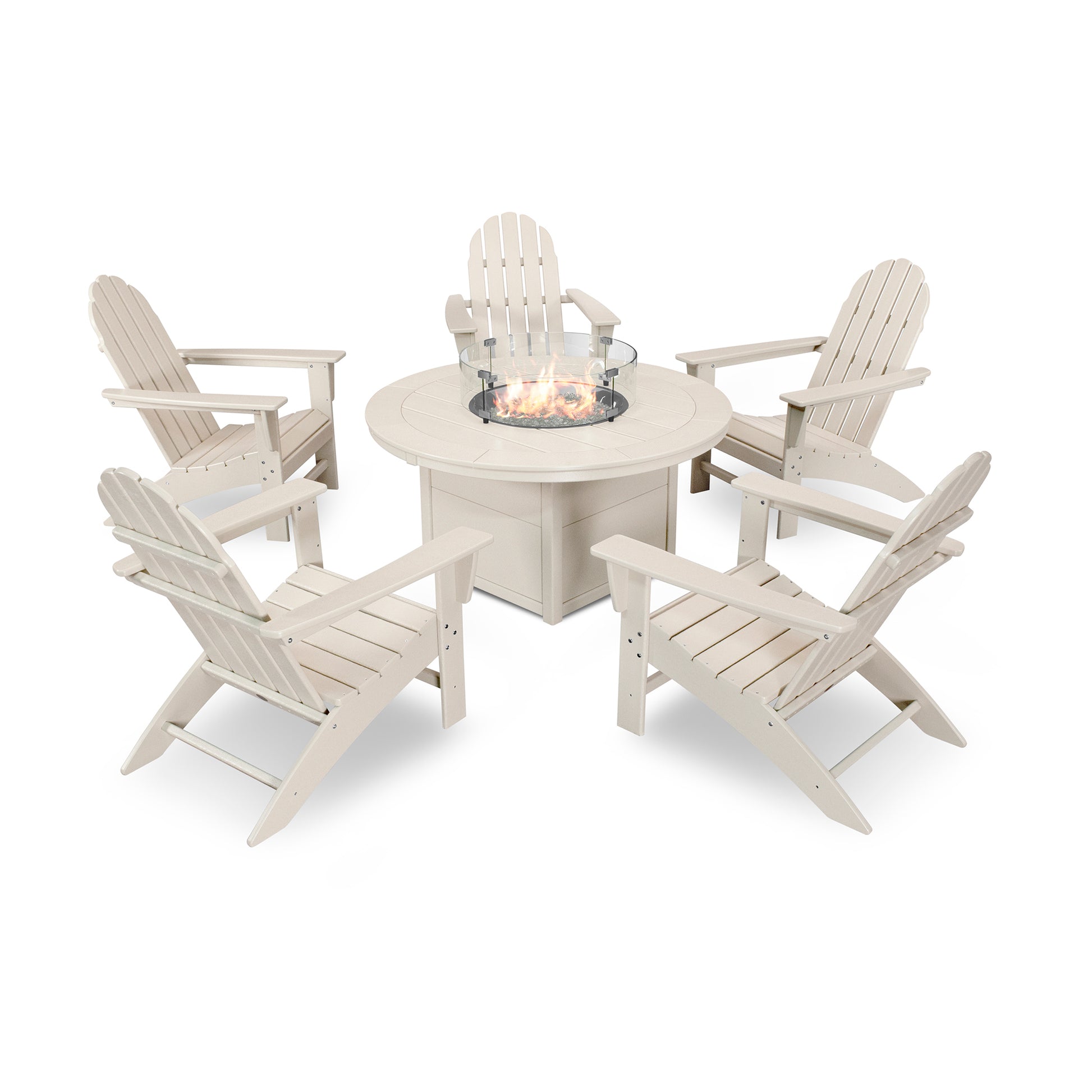 Four POLYWOOD Vineyard Adirondack 6-Piece Chat Sets with Fire Pit Table arranged around a round patio fire pit table, with a visible flame in the center, set against a plain white background.
