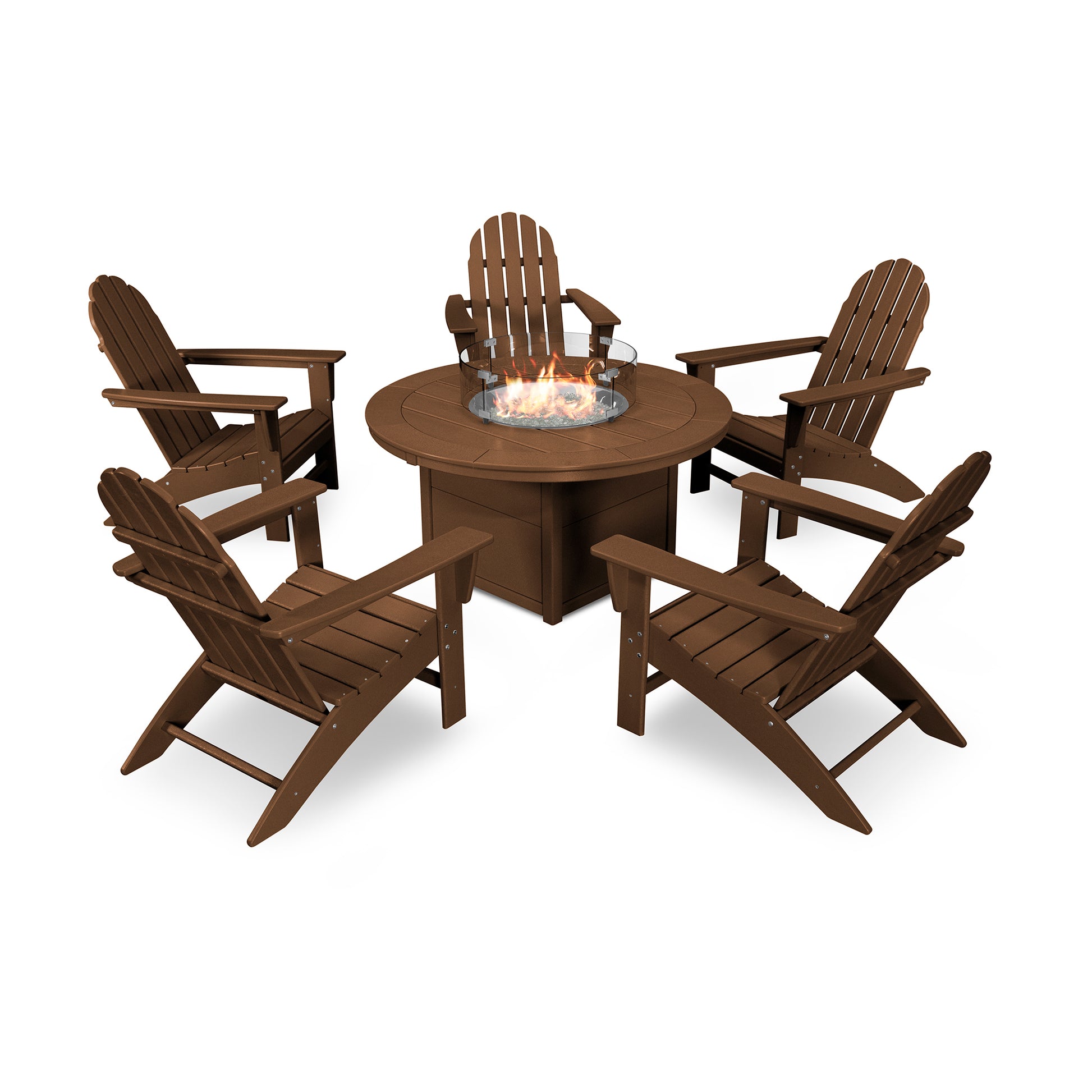 A POLYWOOD Vineyard Adirondack 6-Piece Chat Set with Fire Pit Table featuring four Vineyard Adirondack chairs around a circular table with a built-in fire pit, all in a matching dark brown color, isolated on a white background.