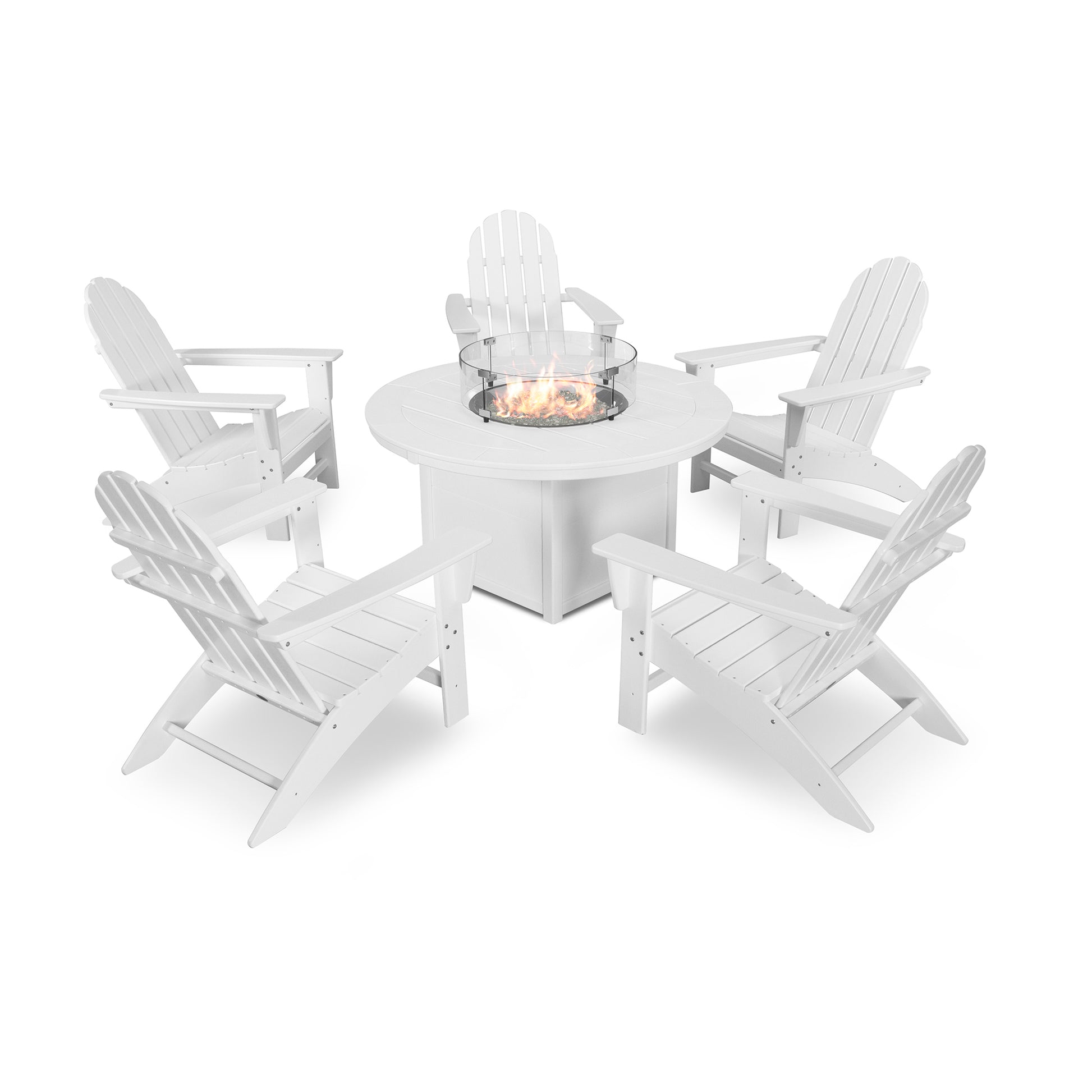 Four white POLYWOOD Vineyard Adirondack chairs arranged around a white circular fire pit table with visible flames, set against a plain white background.