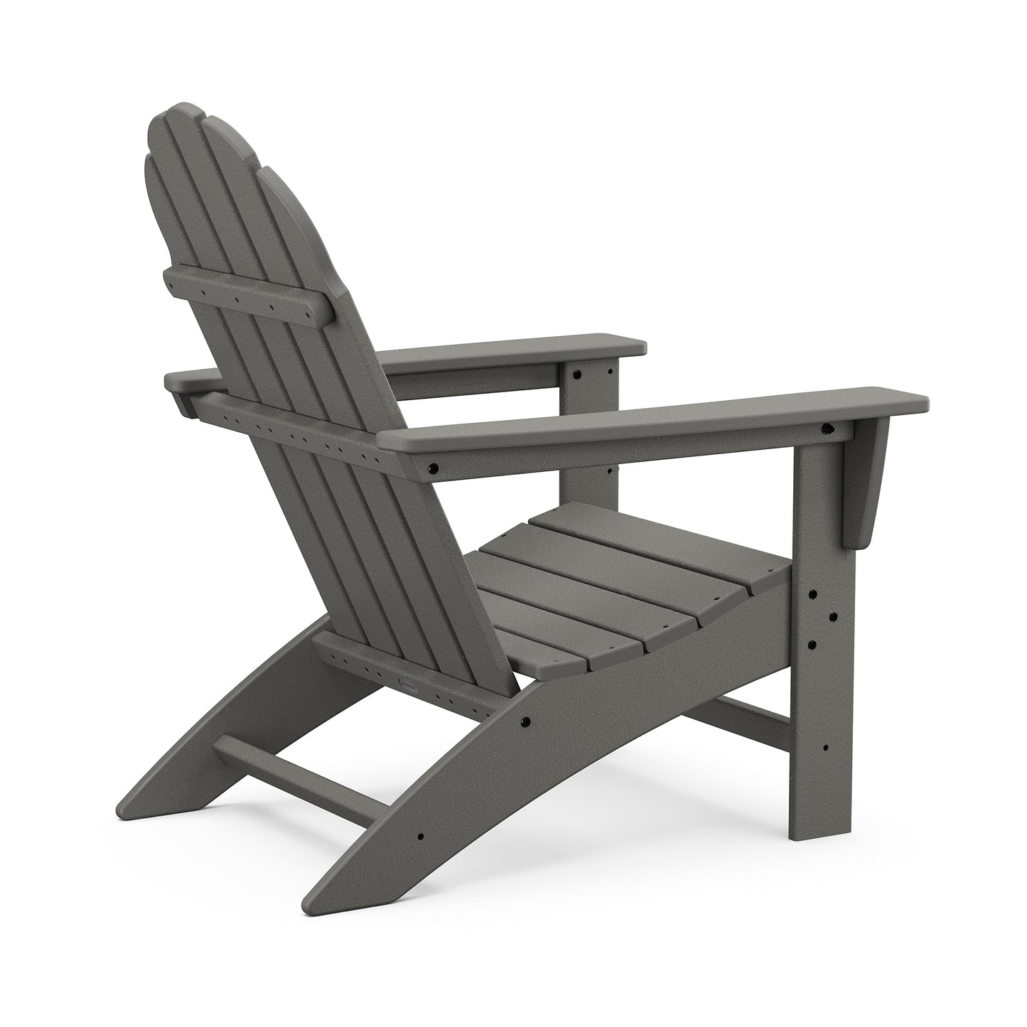 A POLYWOOD Vineyard Adirondack chair made of gray slats, featuring a high back and wide armrests, set against a plain white background.