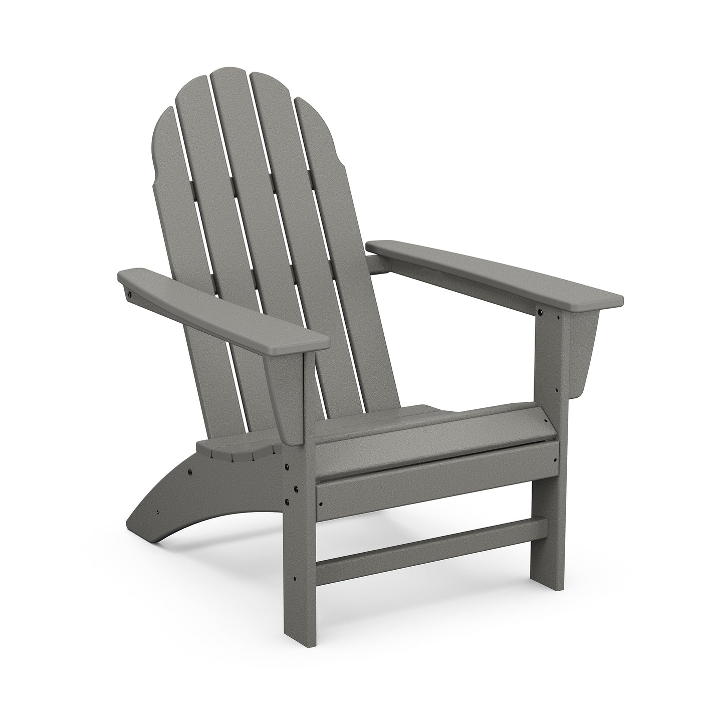 A gray POLYWOOD Vineyard Adirondack chair made of slatted plastic, featuring a high back and wide armrests, positioned against a white background.