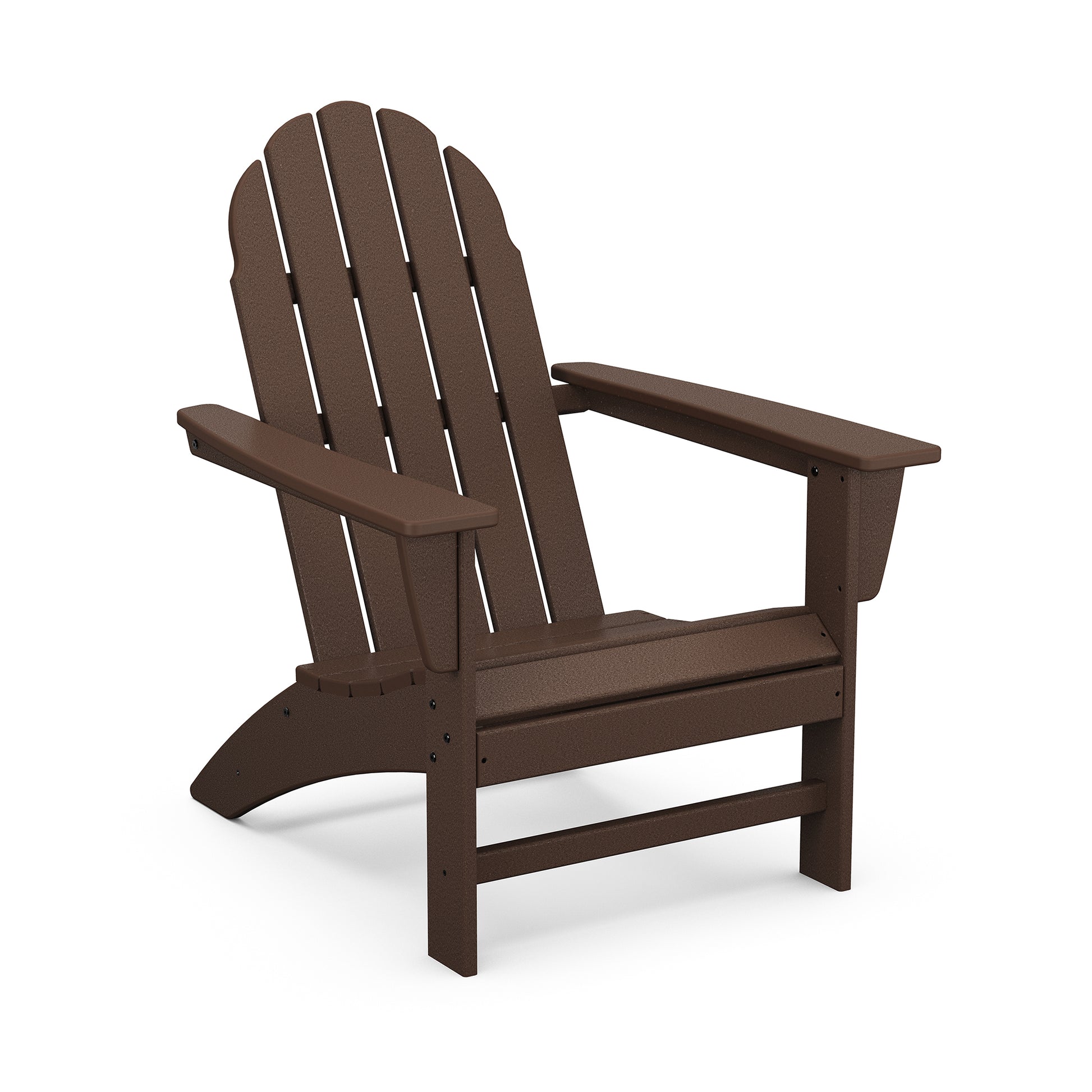 A brown POLYWOOD Vineyard Adirondack chair made of plastic, featuring a slatted back and seat, with wide armrests, isolated on a white background.